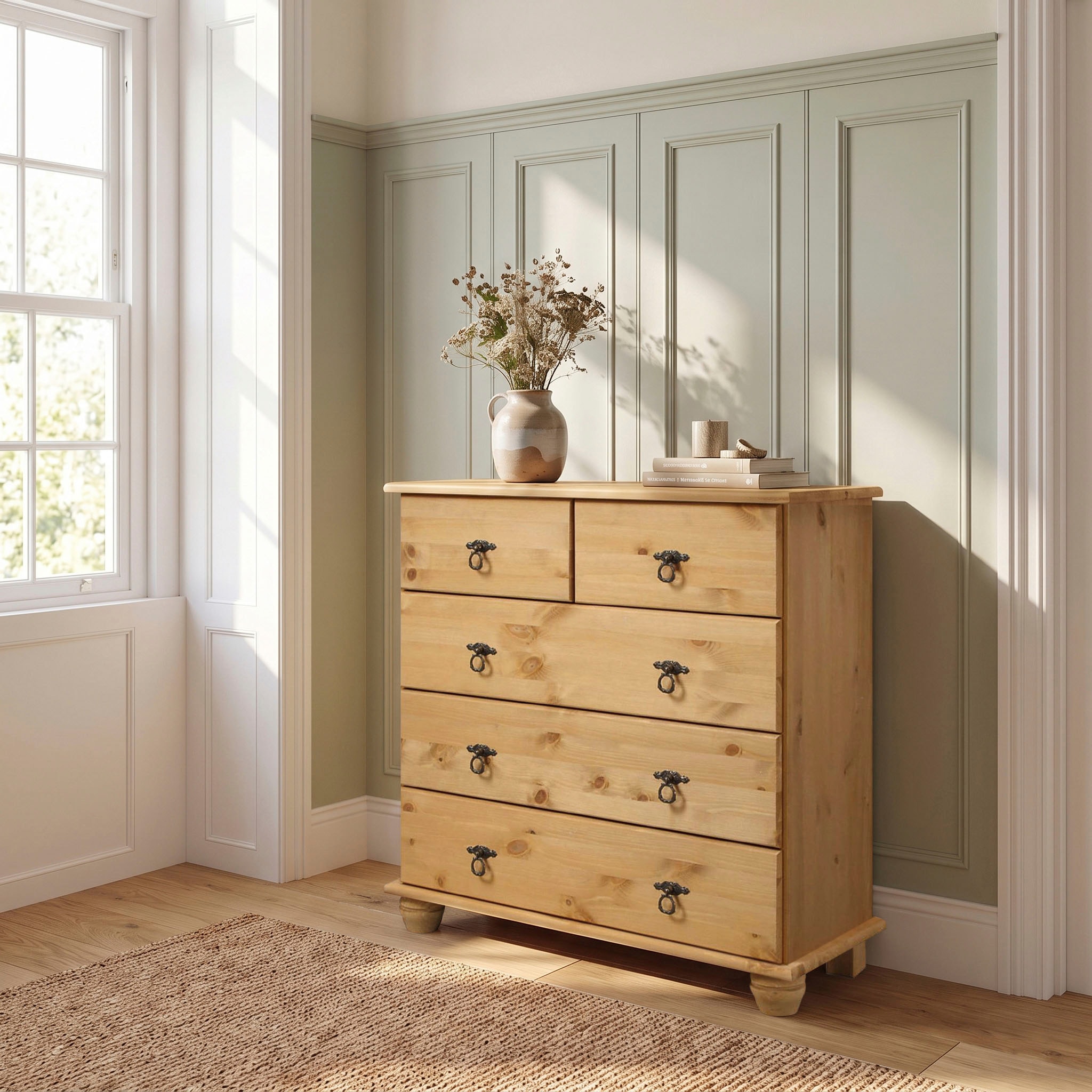OTTO home Kommode »Finca Sideboard mit 5 Schubladen und Ringgriffen aus Metall« aus massivem Kiefernholz, mit Schubladen & einer natürlichen Maserung