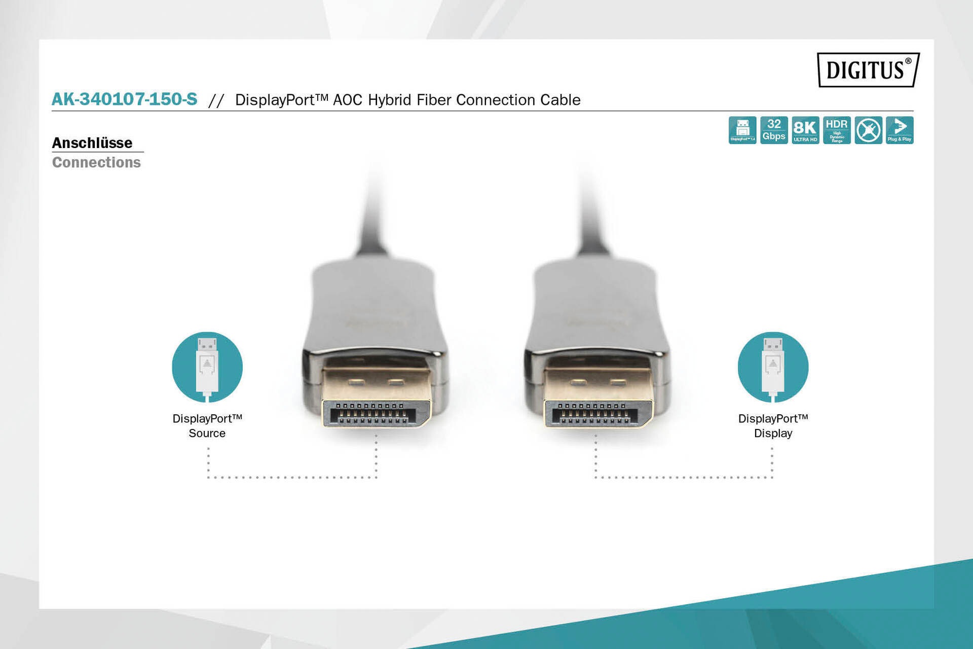 Digitus AOC SAT-Kabel 8K«, ➥ Hybrid UHD 3 »DisplayPort™ XXL | Glasfaserkabel, DisplayPort, 1500 UNIVERSAL Jahre Garantie cm