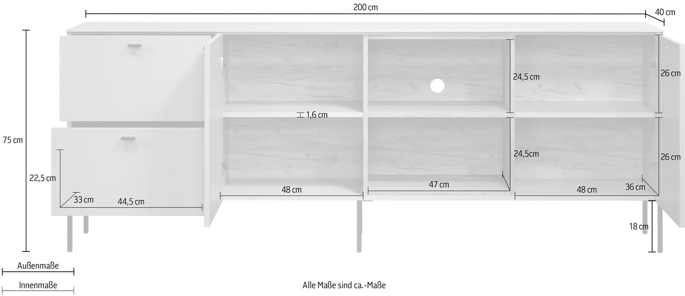 Places of Style Lowboard »San Pedro«, (1 St.), TV-Bank mit Griffen und Füßen aus Metall - (B/T/H) 200/40/75 cm