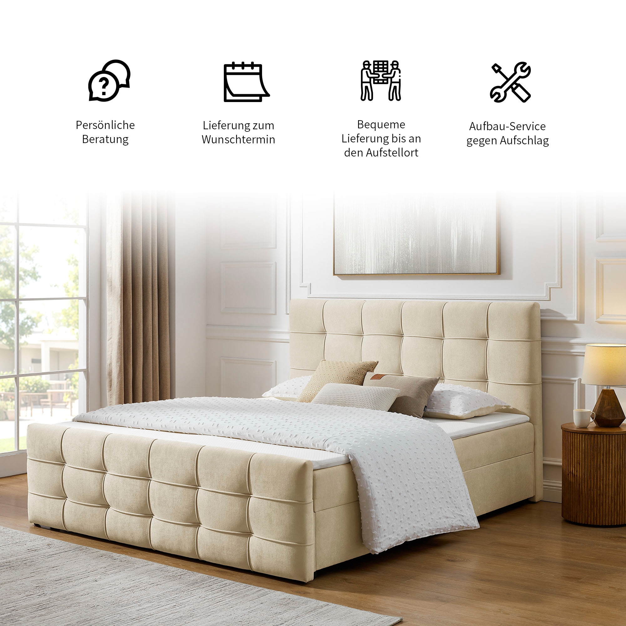 OTTO home Boxbett »LILIENNE, Polsterbett mit Bettkasten und Taschenfederkernmatratze H3« mit Kaltschaumtopper, Chenille-Bezug, 160x200 & 180x200 cm