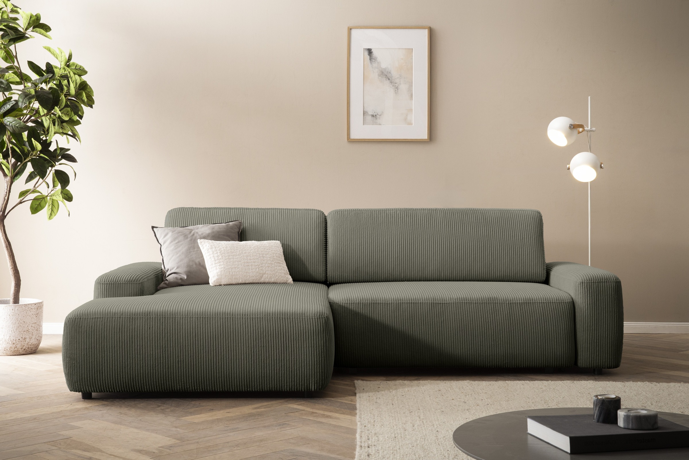 Home affaire Ecksofa »TORGE (264cm), Schlafsofa in Cord, Samtvelours o Struktur fein, L-Form« Schlaffunktion, Bettkasten, Liegefläche: 125/210 cm