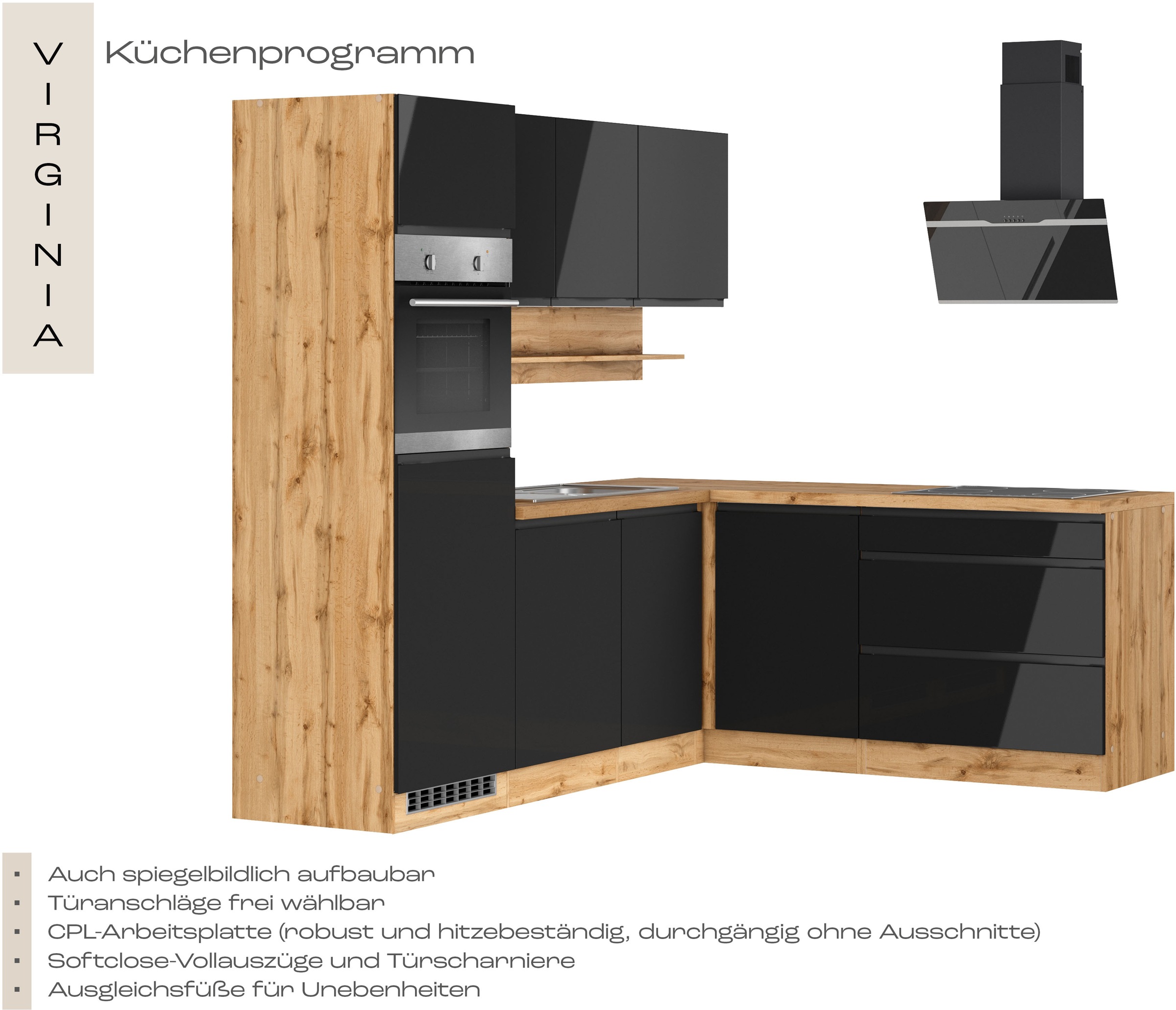 KOCHSTATION Winkelküche »KS-Virginia,neu in verbesserter Ausführung« Arbeitsplatte 38 mm stark, Stauraum, Softclose,  Stellbreite 230/190 cm, Soft-Close,wahlweise mit E-Geräten