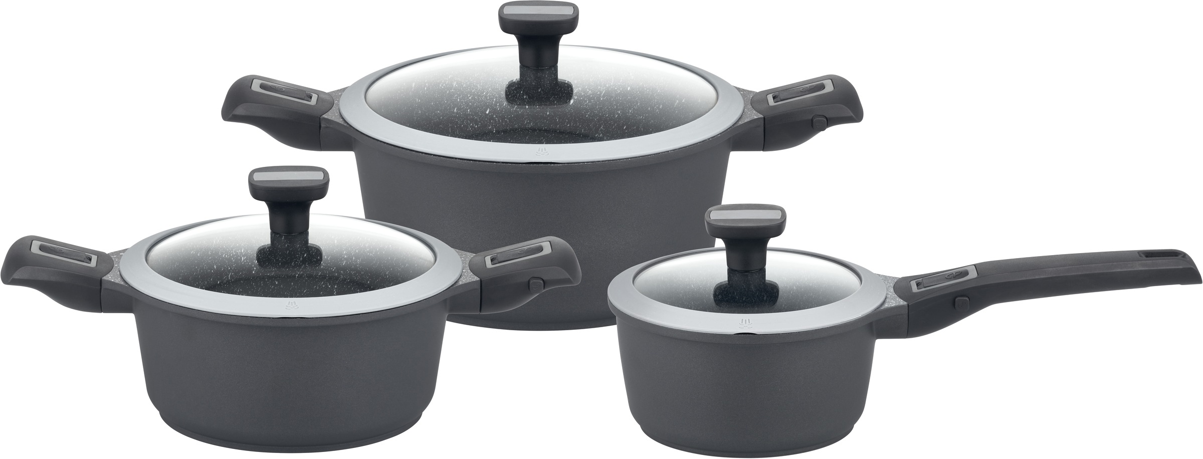GSW Topf-Set "Easy Click" Set, 1x Kochtopf Ø 20 cm, 1x Kochtopf Ø 24 cm, 1x Stielkasserolle Ø 16 cm, 6 Stk. tlg. Aluminiumguss