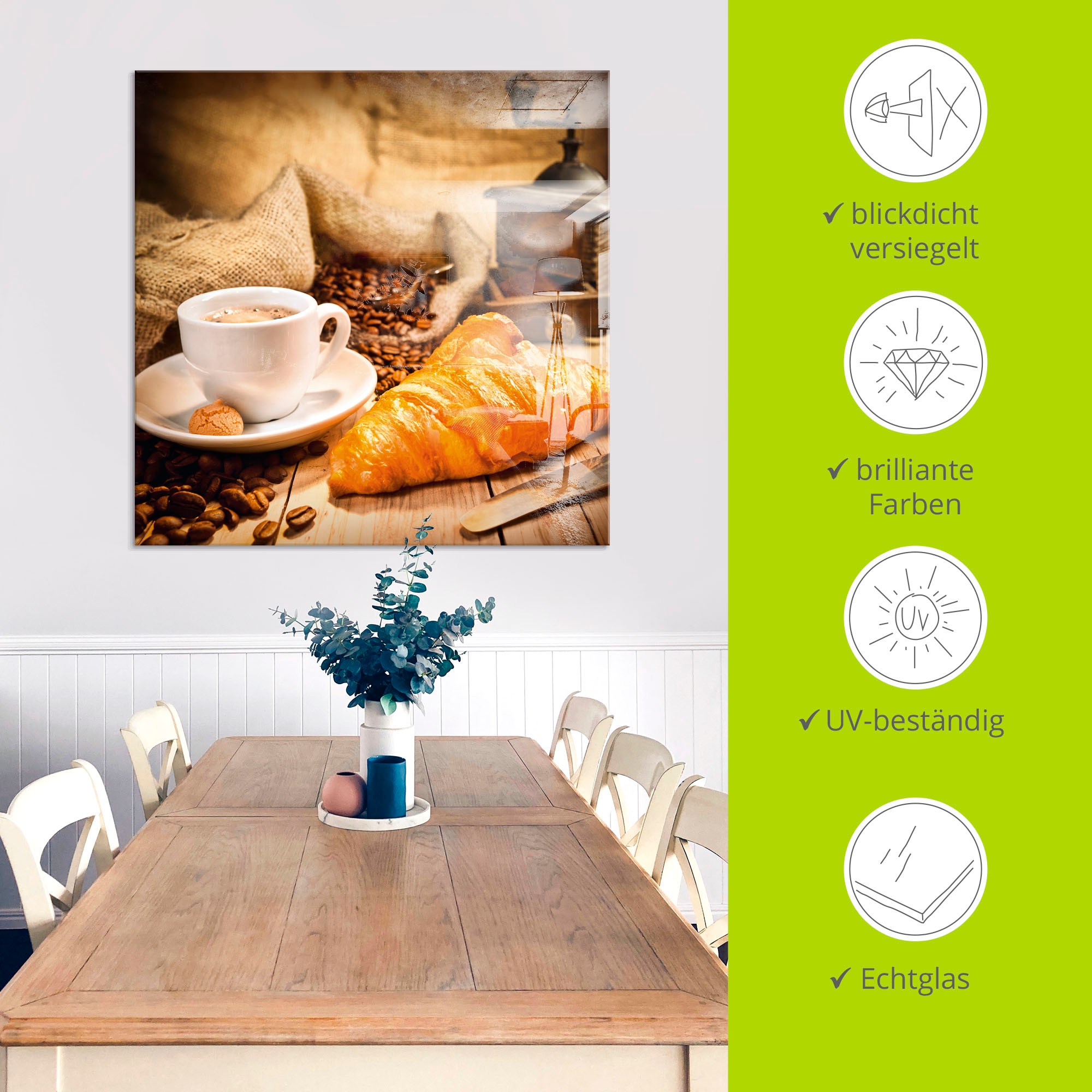 Artland Glasbild »Kaffeetasse mit Croissant« Getränke 1 Stk. tlg. in verschiedenen Größen