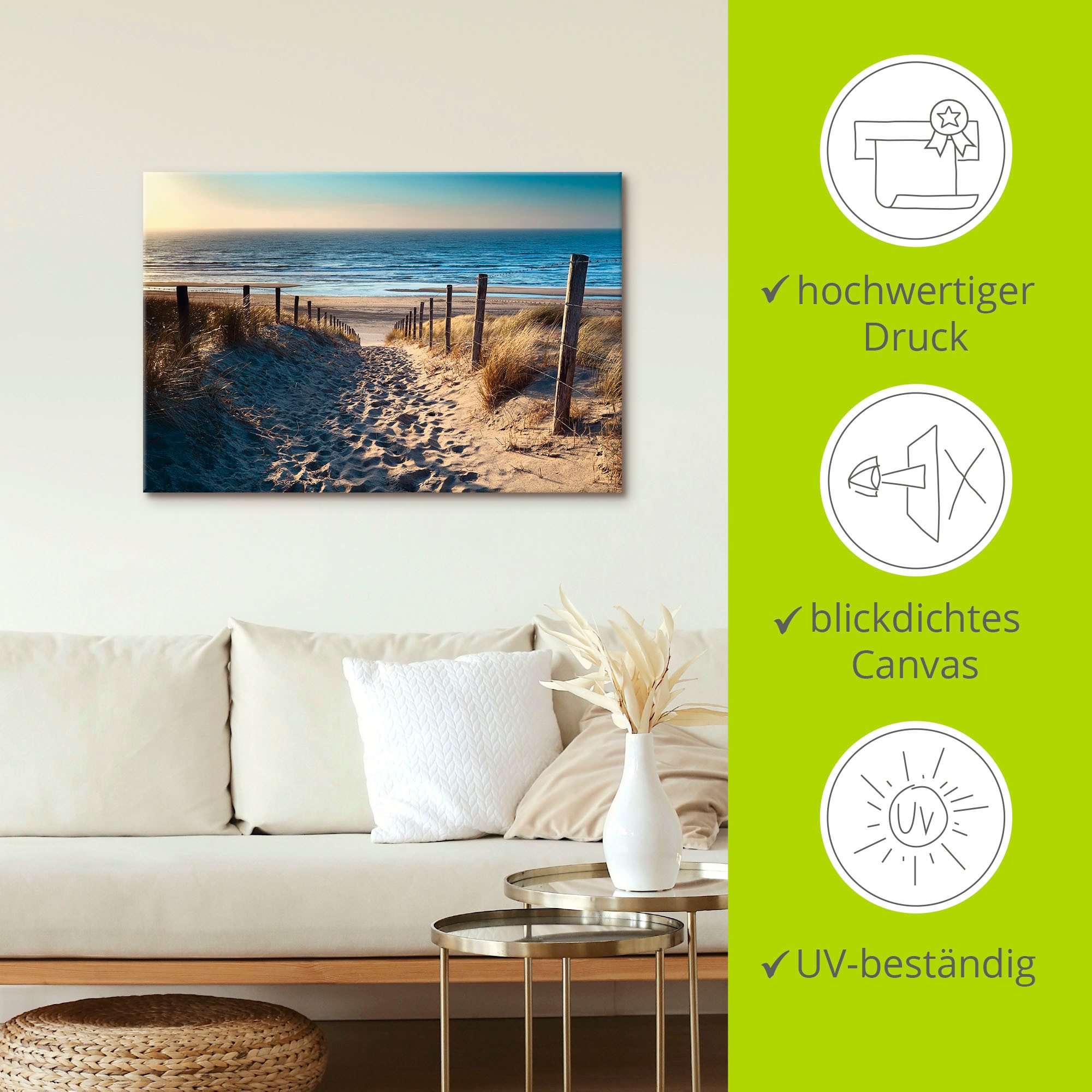 Artland Wandbild »Weg zum Nordseestrand Sonnenuntergang«, Strand, (1 St.), als Alubild, Outdoorbild, Leinwandbild, Poster, Wandaufkleber