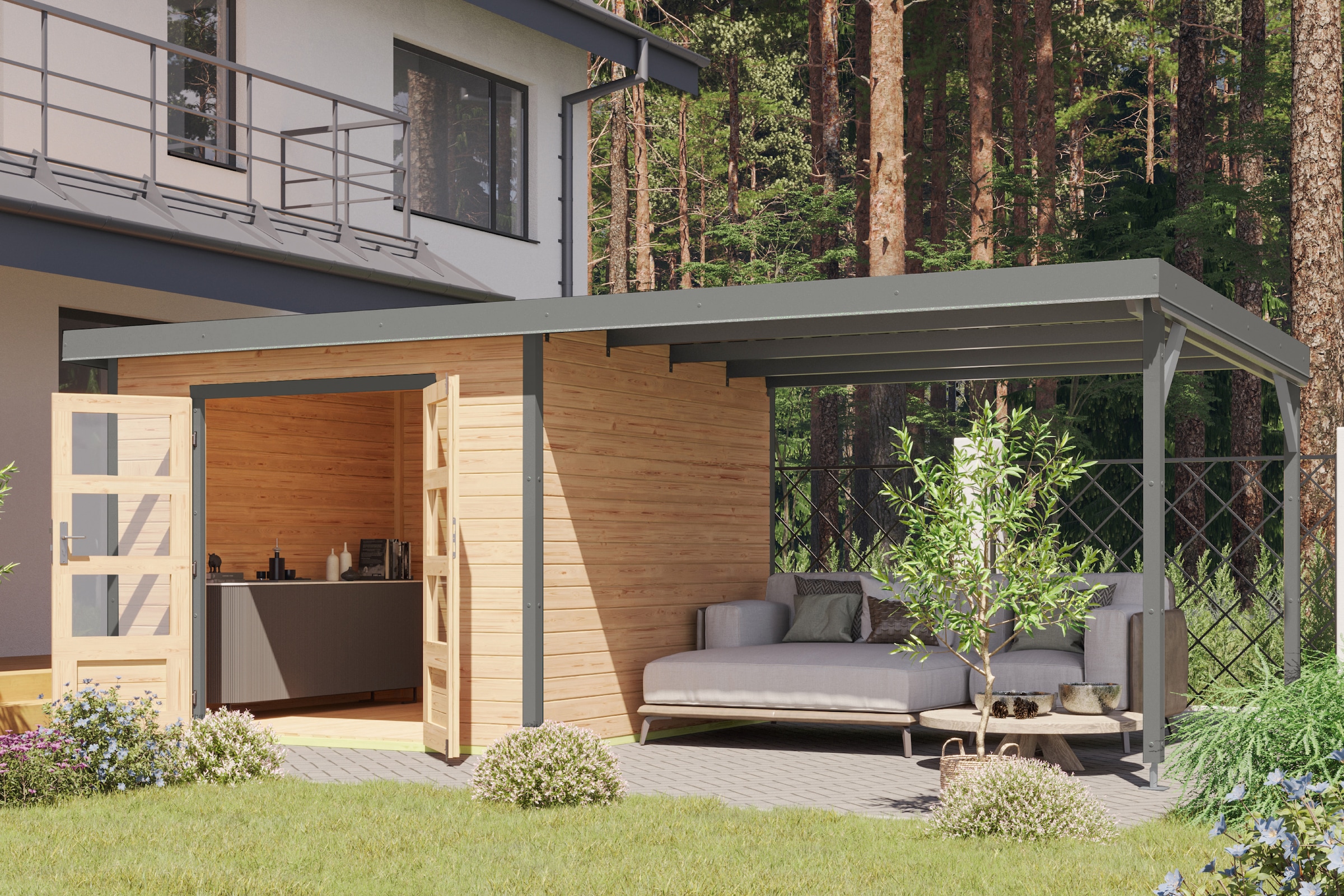 Karibu Gartenhaus »Plutino 6  SET, in verschiedenen Farben« inkl. Anbaudach