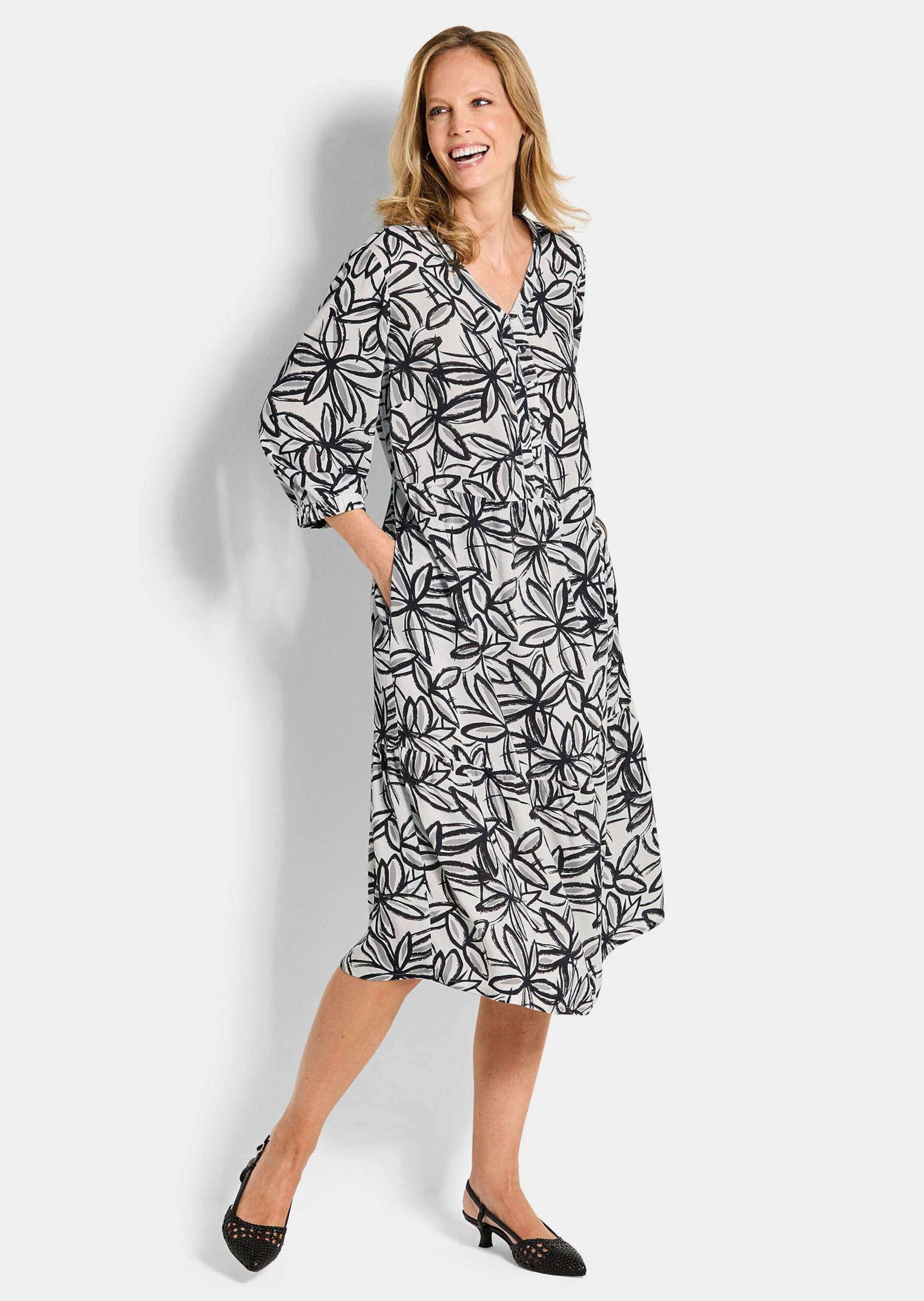 GOLDNER Druckkleid »Kurzgröße Viskose-Kleid mit V-Ausschnitt«