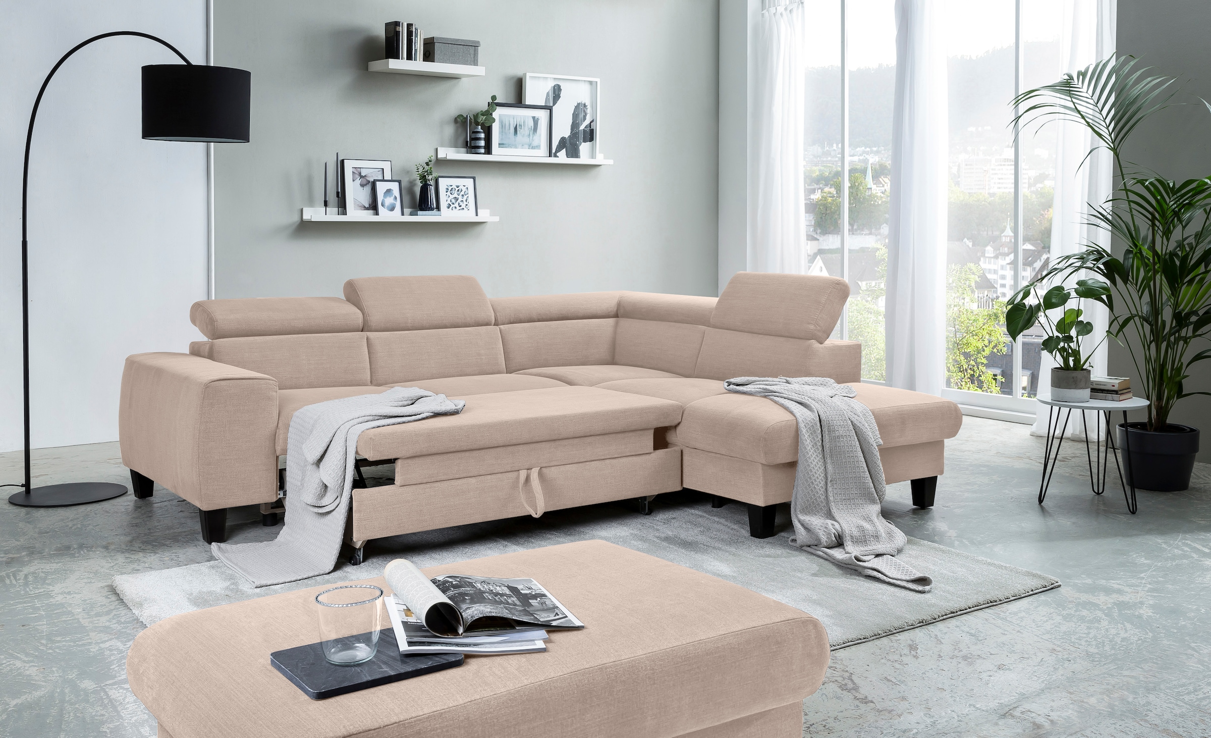 COTTA Ecksofa »Morven L-Form mit Kopfteilverstellung«, wahlweise mit Bettfunktion, Bettkasten & Wireless-Charger
