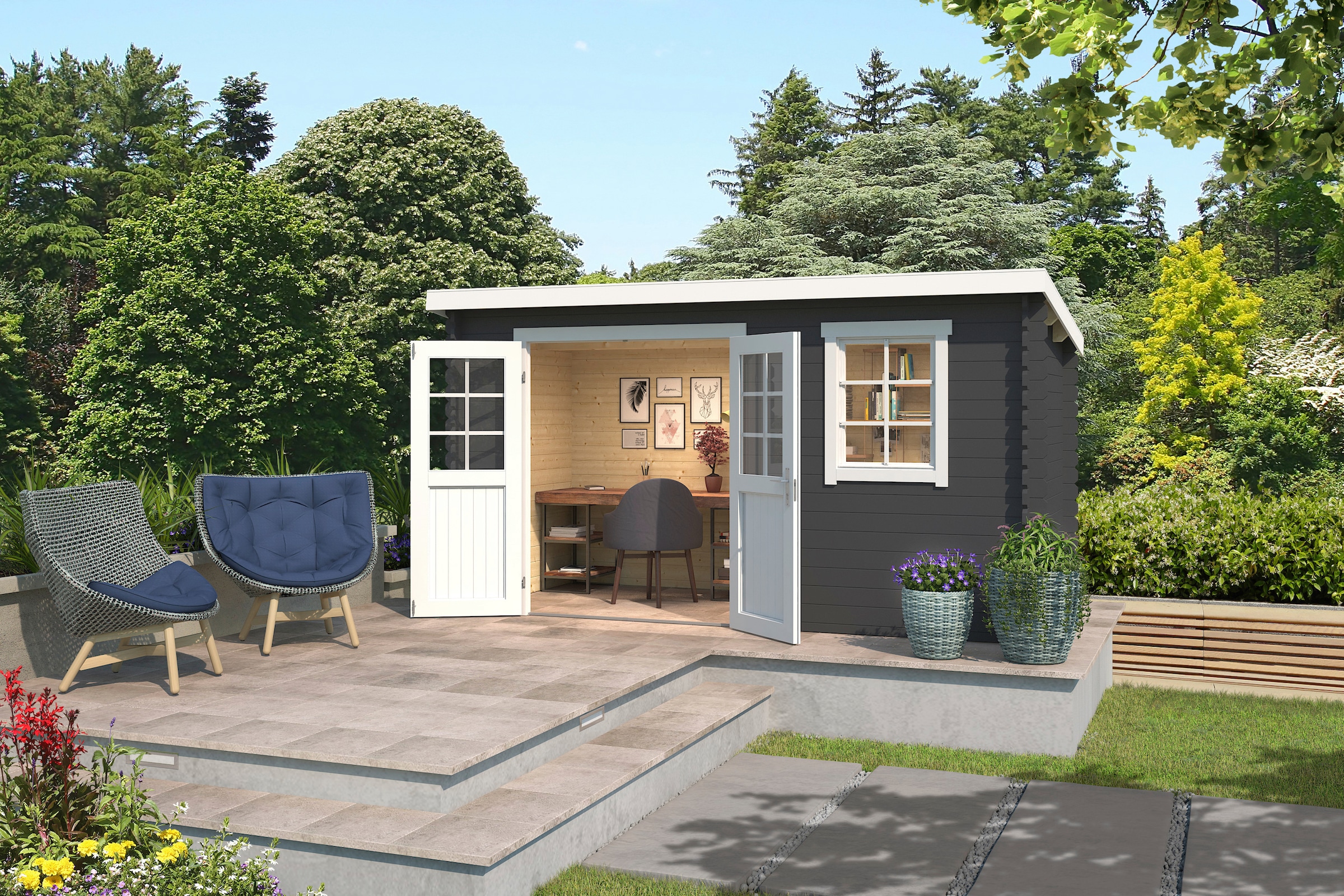 LASITA MAJA Gartenhaus »Amira 175« Blochbohlenhaus 28mm, Fundamentmass 3800x1750 , Carbongrau