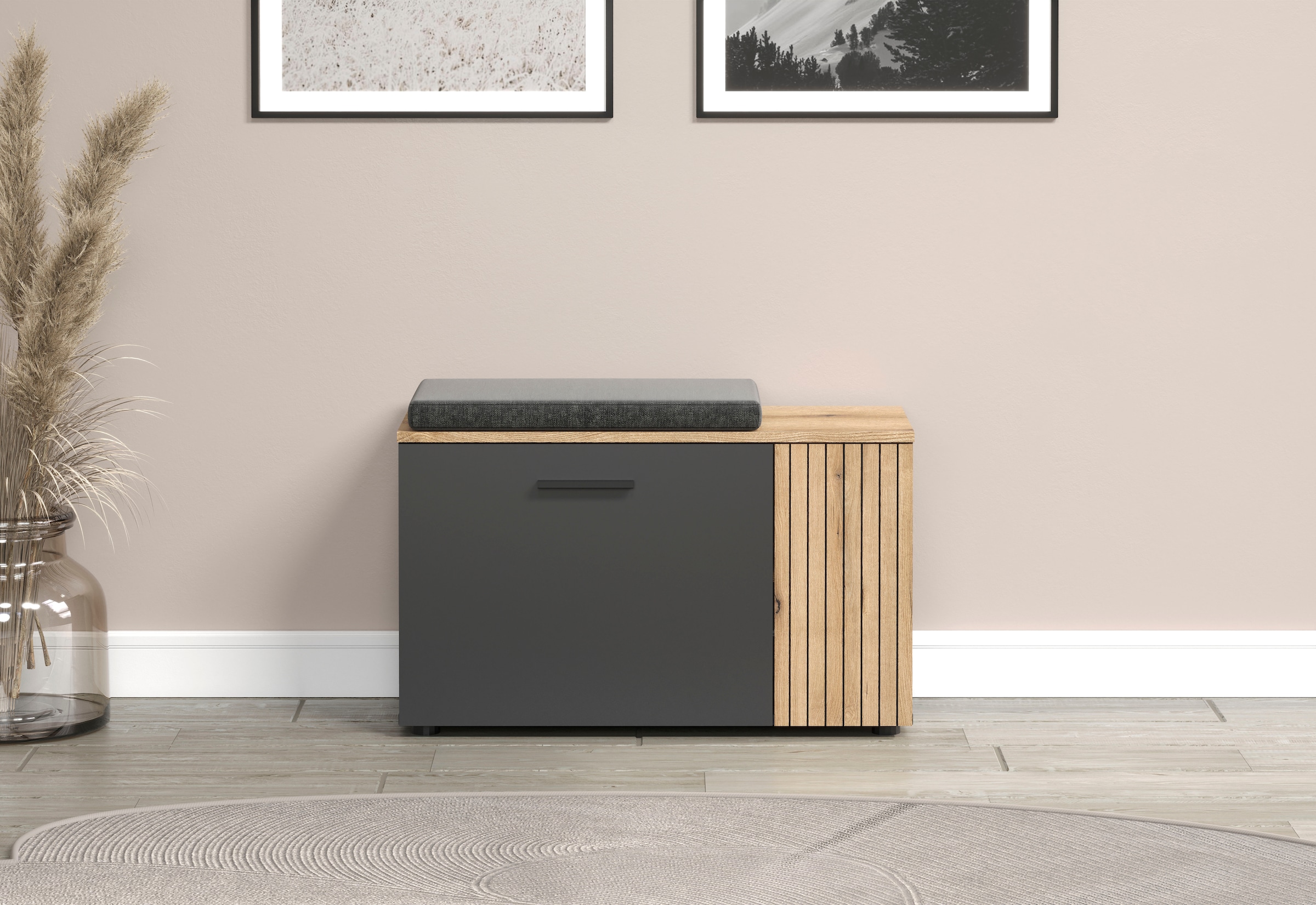 Home affaire, Unisex, Sitzbank »Estepona« 1 Stk. tlg. Schuhbank mit 2 Türen & 2 Einlegeböden – (B/T/H) 80/36/48 cm, Anthrazit/Evoke Eiche, Diese 