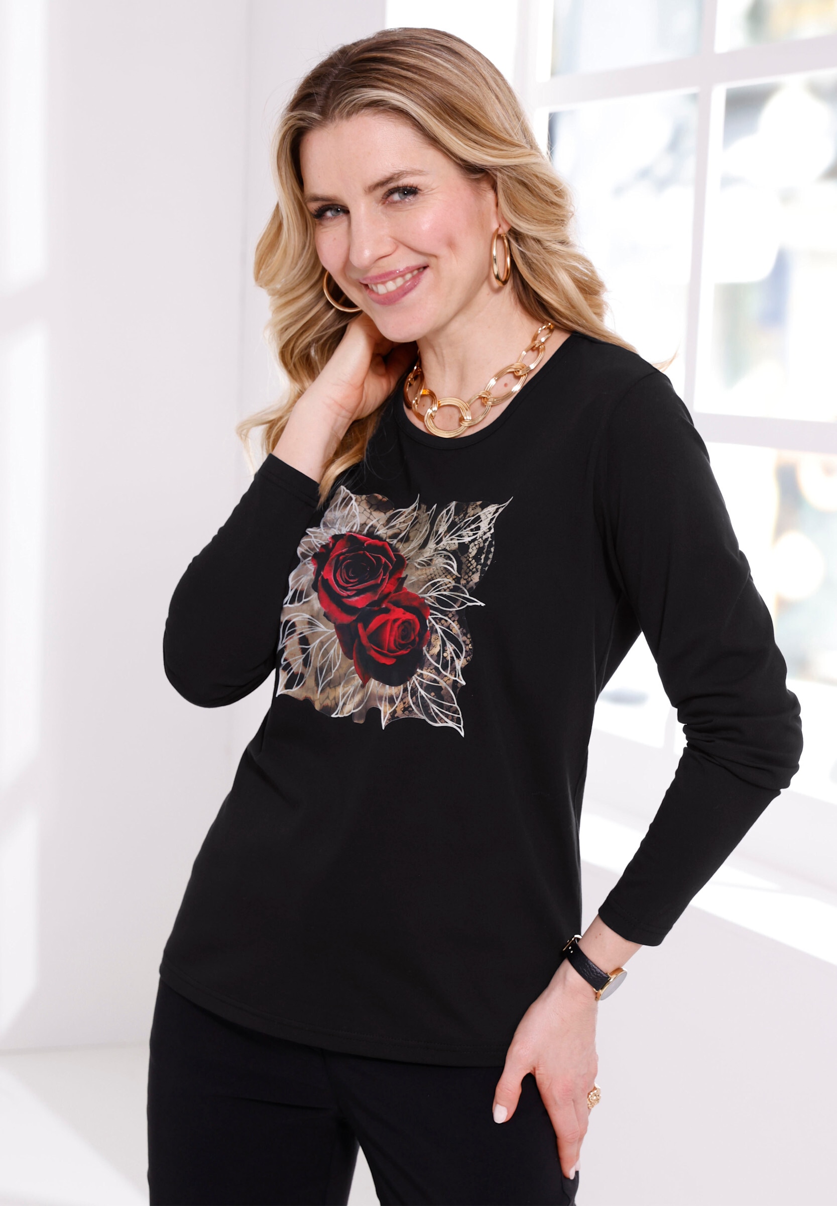 Sieh an! T-Shirt »Langarm-Shirt Langarmshirt mit platziertem Rosen-Leo-Print«