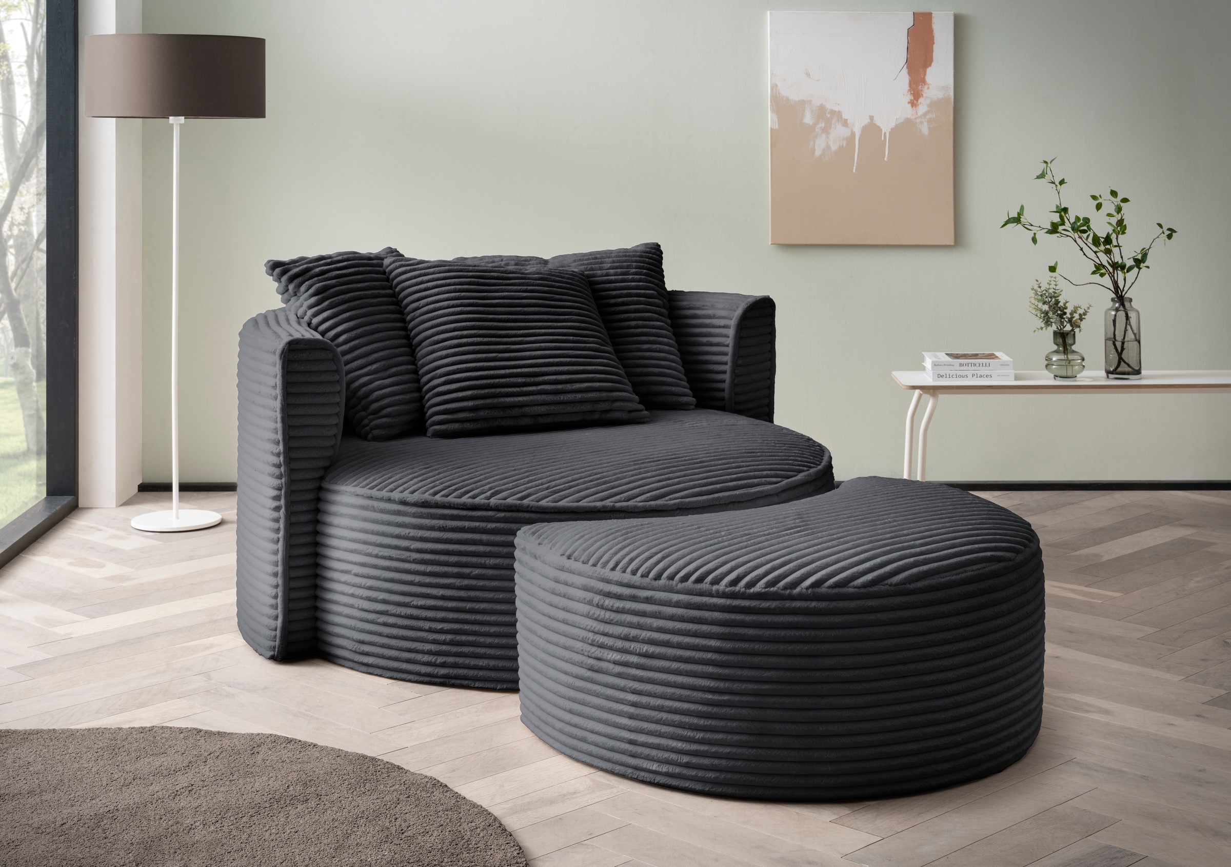 LeGer Home by Lena Gercke XXL-Sessel »ISALIE, Rundsessel mit Hocker, Lesesessel, Loveseat, Big-Sessel«, (Set), trendige Stoffe, 3 Zierkissen, große Sitzfläche, Cord, Samt, Bouclé
