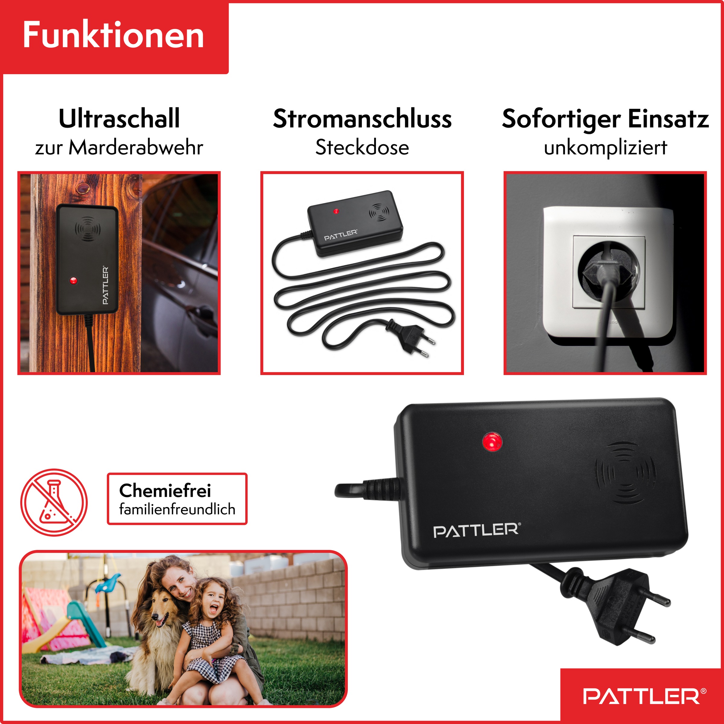 Pattler Ultraschall-Tierabwehr »Marderschreck mit  Hochfrequenztönen« 1 Gerät für ca. 60 m²