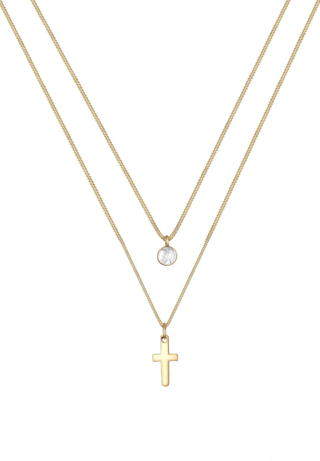 Elli Silberkette »Halskette Layerkette Kreuz Mondstein Weiß 925 Sterling Silber vergoldet«