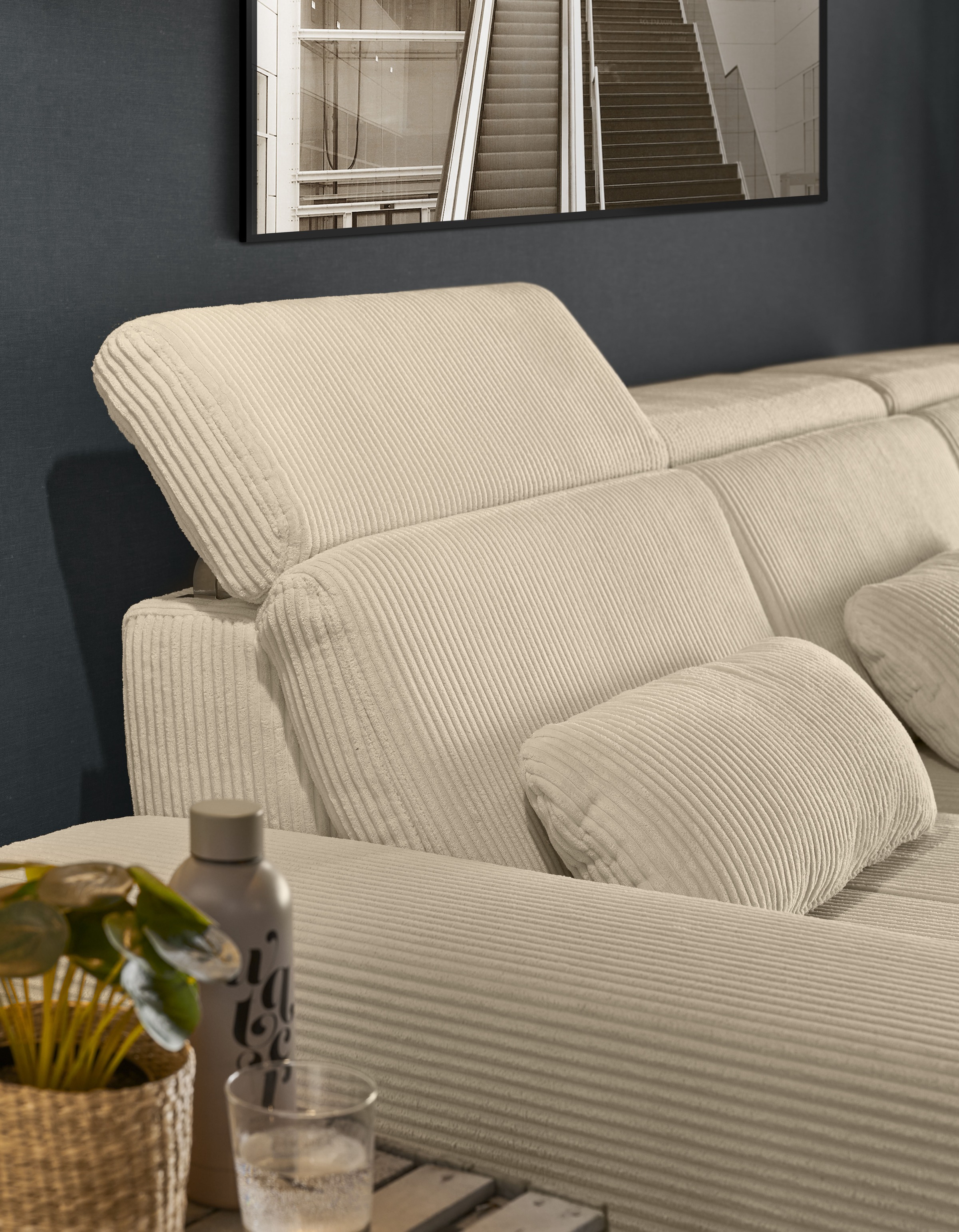 set one by Musterring Ecksofa »SO 3400 Sitzhöhe 47cm oder 49cm, Sitztiefe verstellbar, B/T: 307/195cm«, Kopteil verstellbar, mit Bettfunktion, in Cord, natur, Sitzhöhe 47