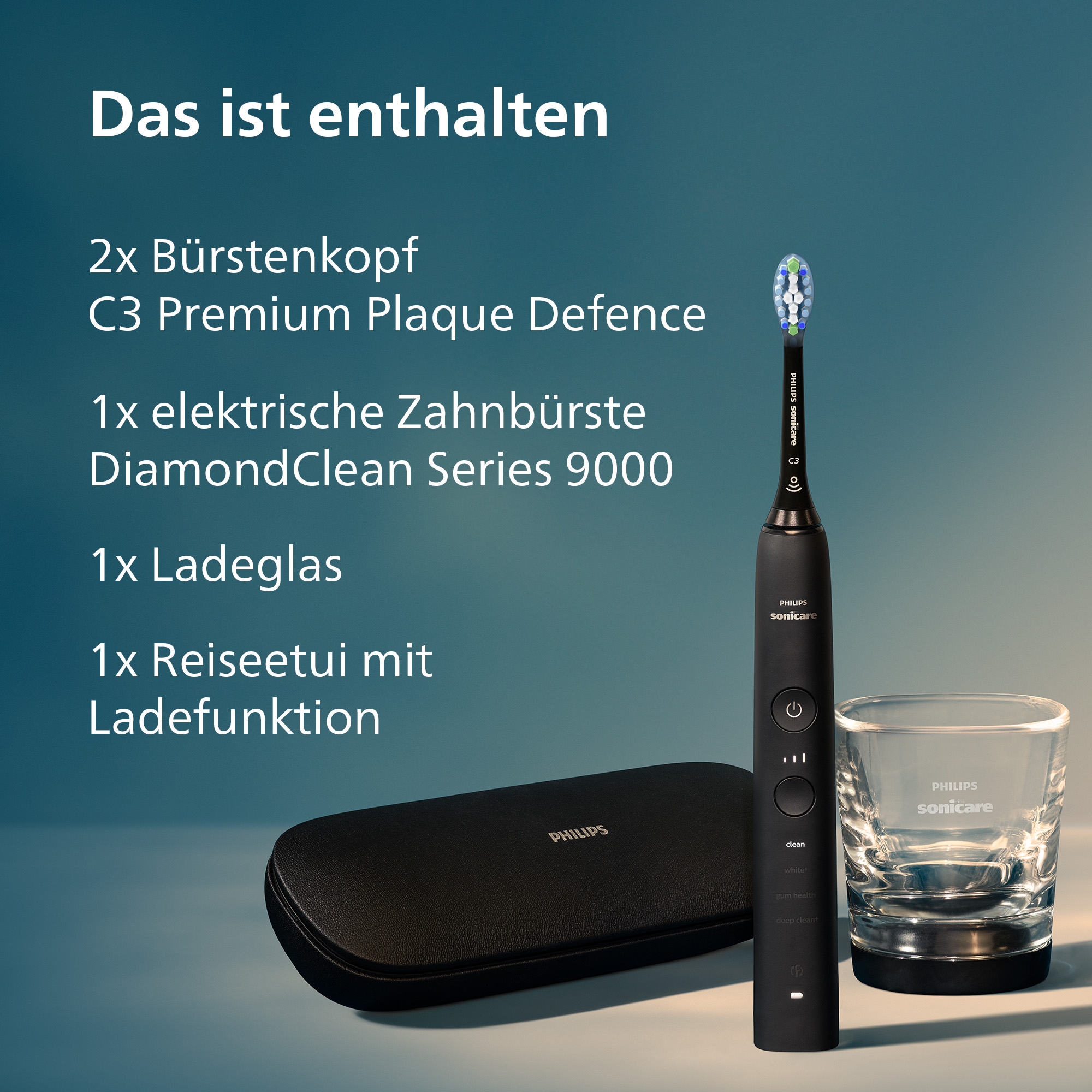 Philips Sonicare Elektrische Zahnbürste »DiamondClean 9000 HX9913/18« 2 Stk. Aufsteckbürsten mit integriertem Drücksensor, 4 Putzprogramme und 3 Intensitätsstufen