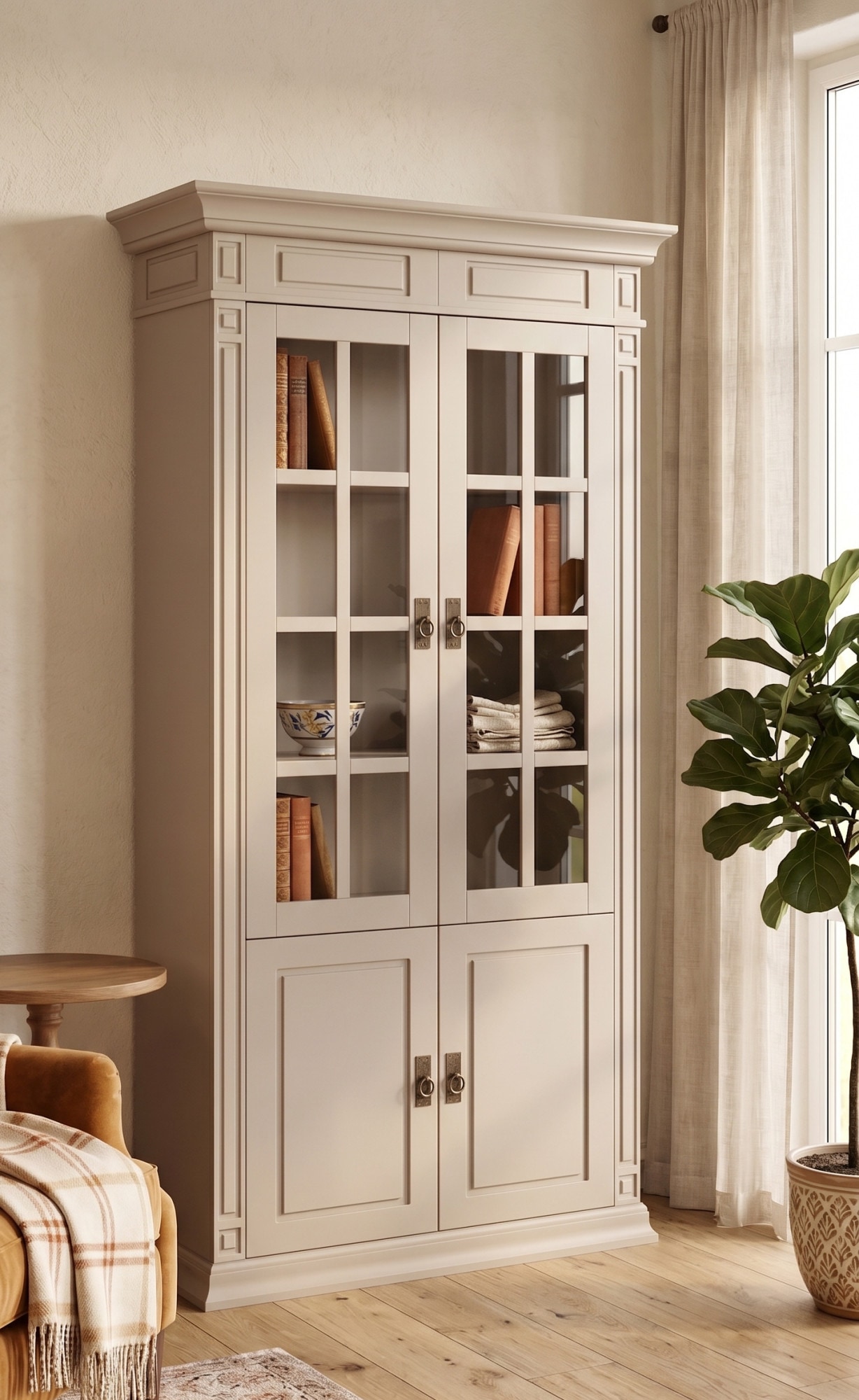 OTTO home Vitrine »Vinales, 4 Türen, 6 Fächer« B/T/H: 93/39/196 cm,  Messinggriffe im Jugendstil, viel Stauraum durch 6 Fächer