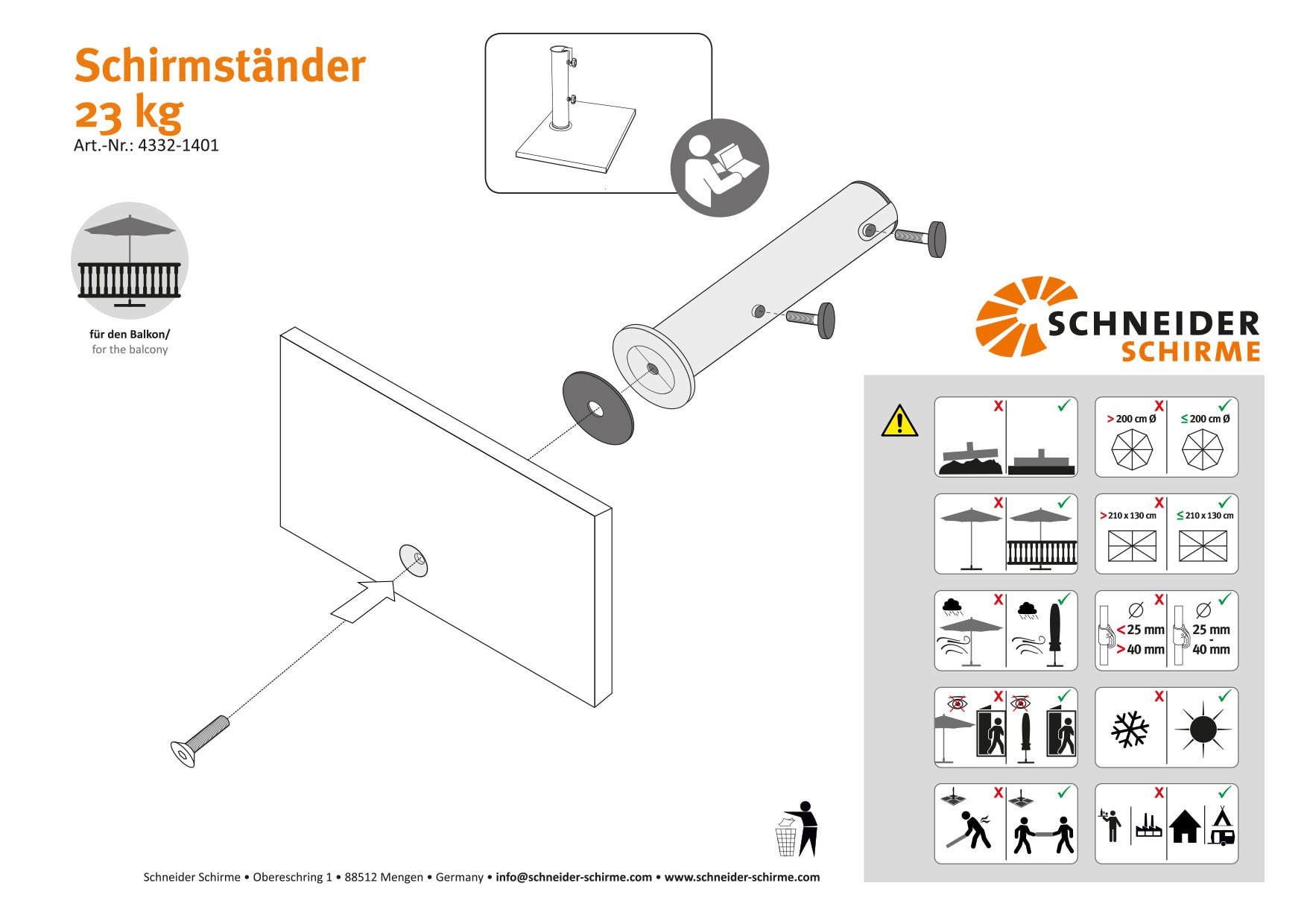Schneider Schirme Schirmhalter Balkonschirmständer Stahl ca. 23kg