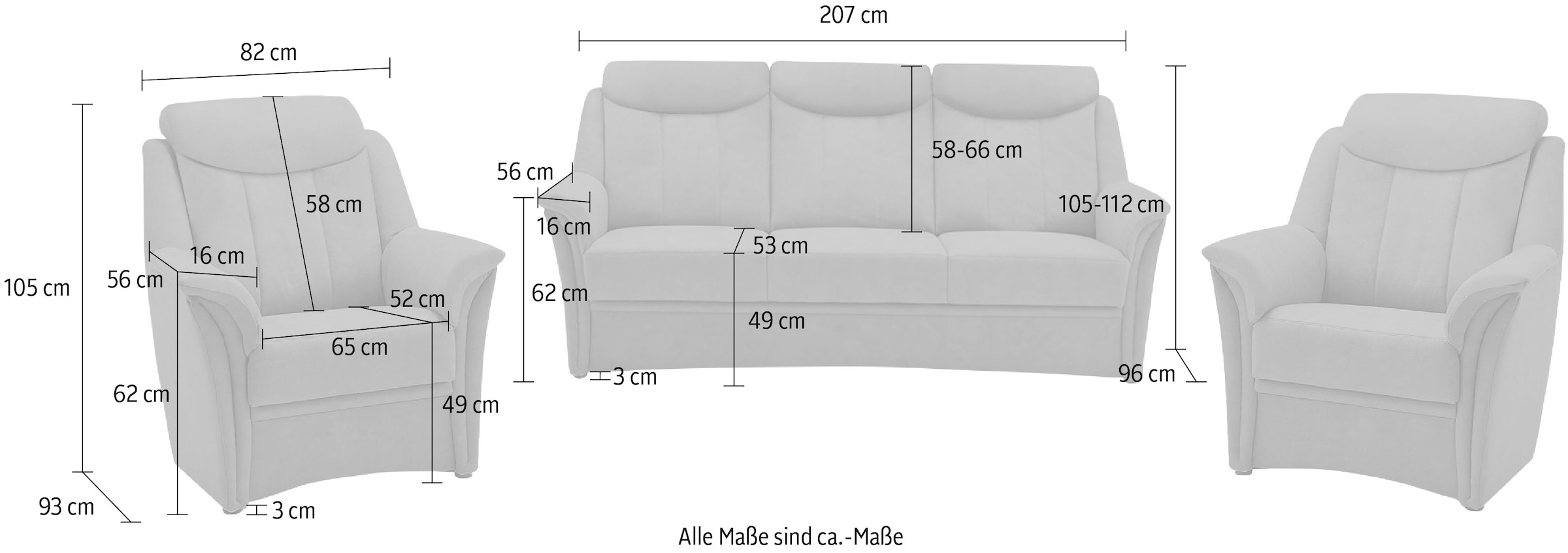 und 2x BECK 3-Sitzer (Set, cm, kaufen Kopfteilverstellung, tlg.), in Rechnung Sessel auf Sitzhöhe »Lugano«, 3 VILLA 46 Polstergarnitur