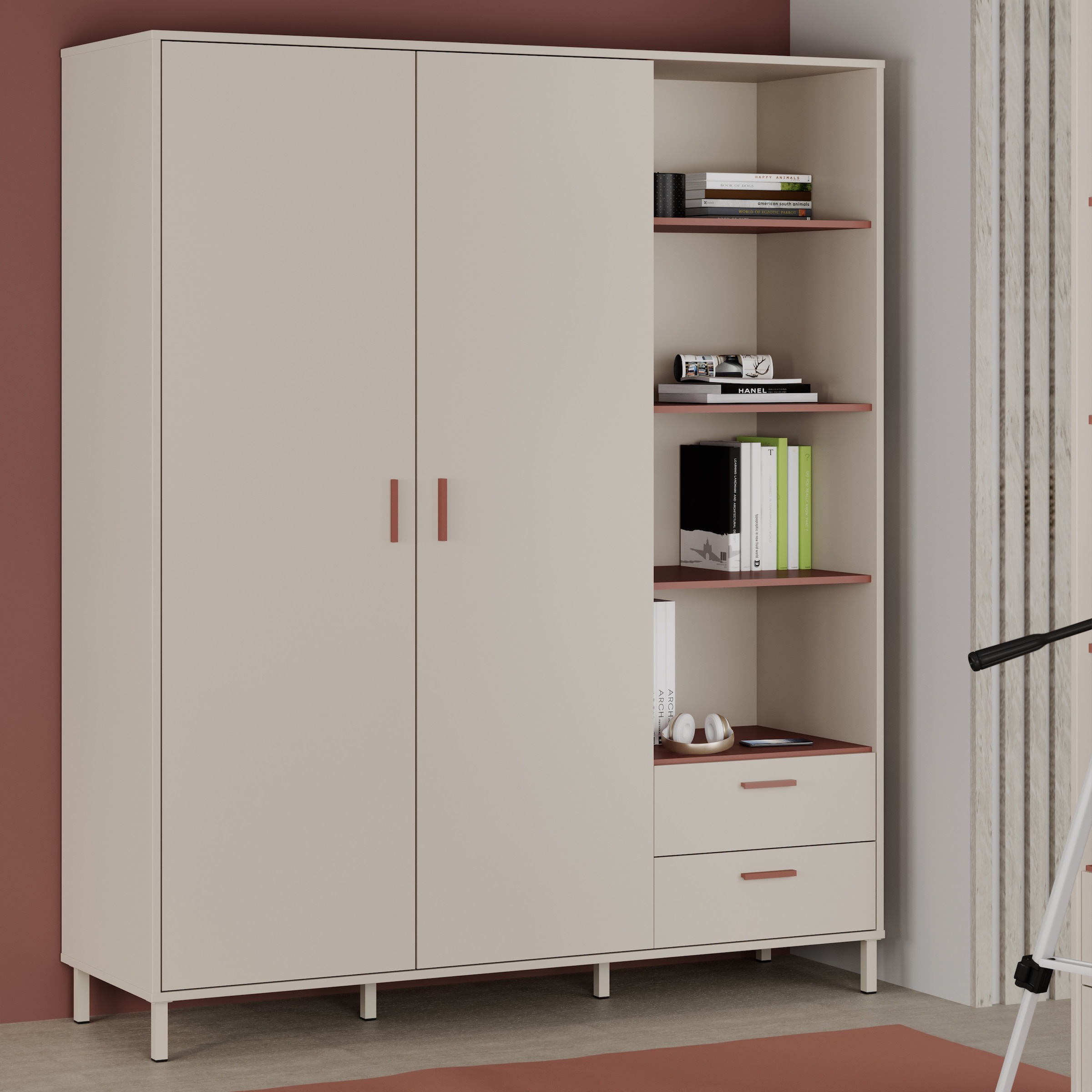 FORTE Drehtürenschrank »Milles« trendiges Dekor, Vollauszug Schubkästen, Metallbeine