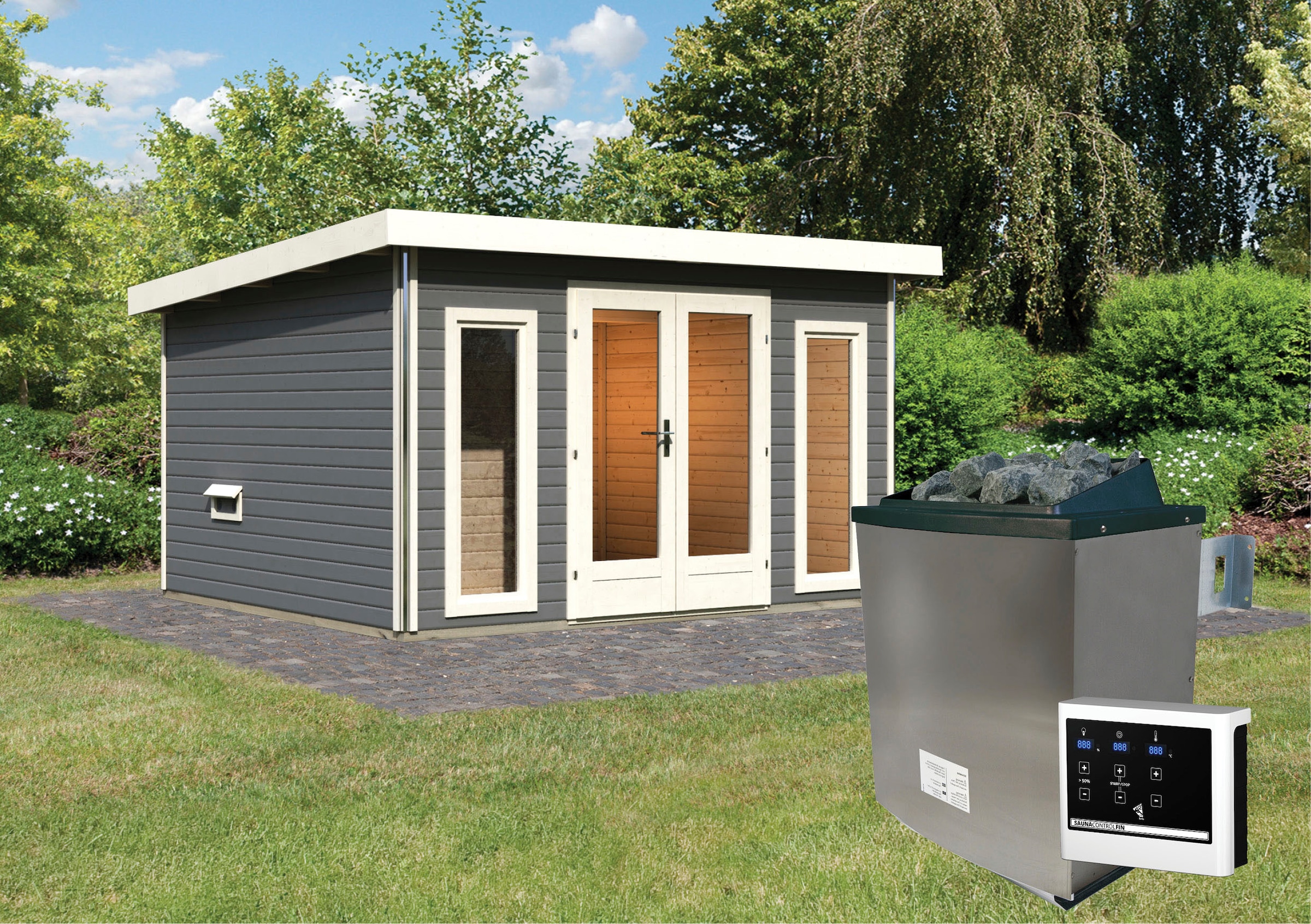 Karibu Saunahaus »Maiko 2A« Set,  Ofen 9 KW externe Strg easy