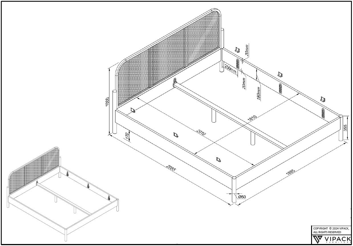 Home affaire Bettgestell »Olive, Bettpfosten Eiche massiv und furnierten Bettseiten« mit hochwertigem Rattan-Geflecht Kopfteil, Rahmen Eiche massiv,  ohne Lattenrost, mit höhenverstellbarem Rahmenbeschlag, zwei Breiten