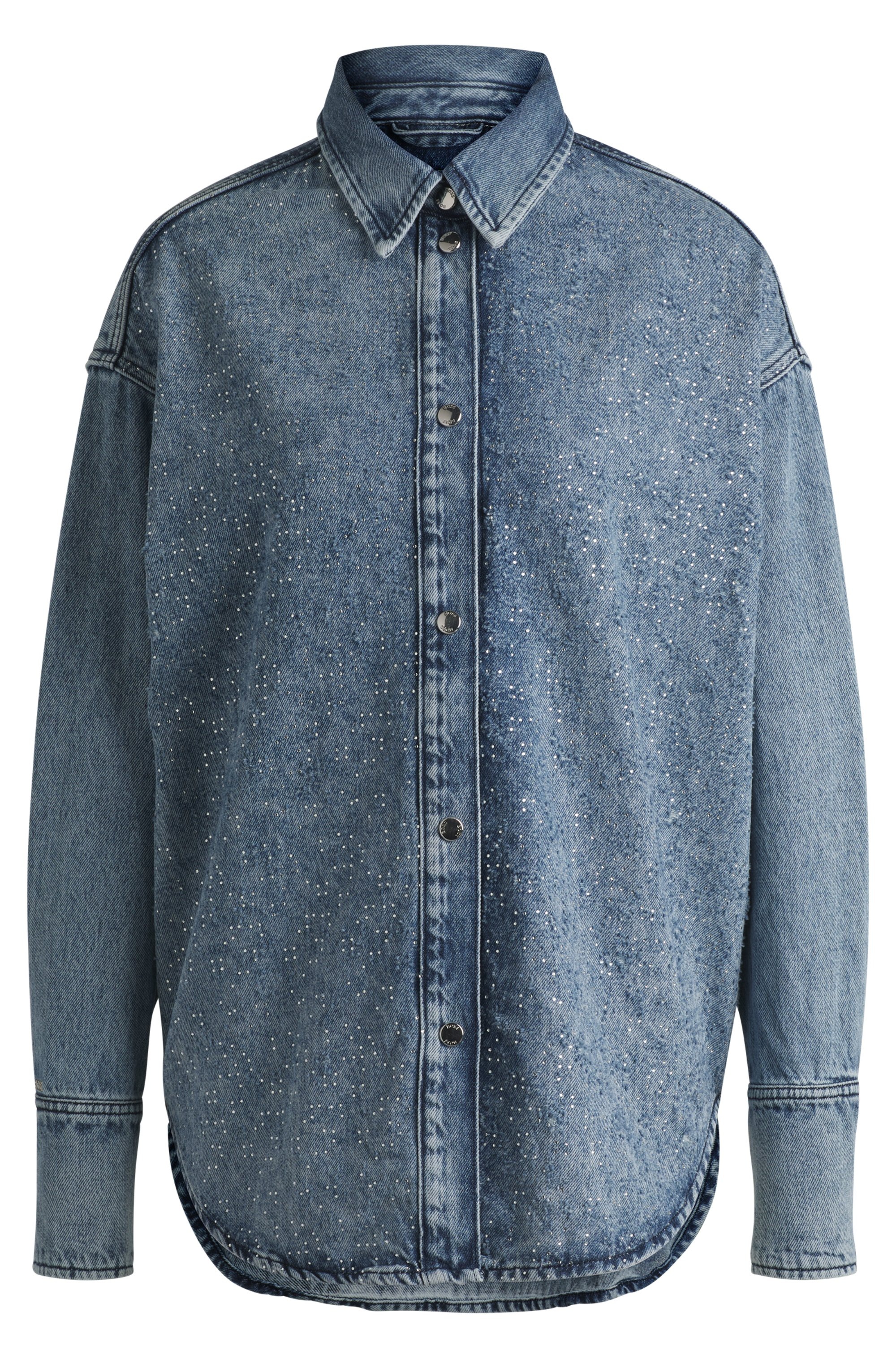 BOSS ORANGE Klassische Bluse »DENIM SHIRT HF Premium Damenmode«, mit Blusenkragen und All Over Straß & Glitzereffekt