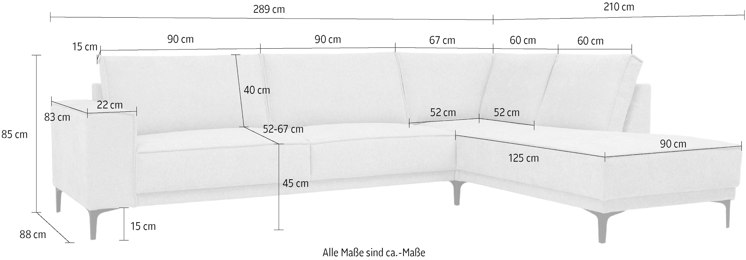 Places of Style Ecksofa »Polsterecke Oland, Struktur, Flachgewebe, Luxus-Microfaser, Boucle«, L-Form, 289 cm, Wellenunterfederung, Skandi-Design, Metallfüße