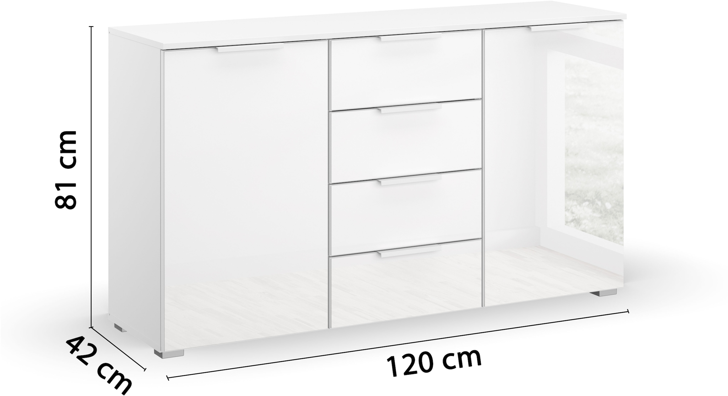 rauch Schubkastenkommode »Sideboard Kommode Kombikommode KOLUNA mit Glasfront«, (Breite 120 cm), vier große Schubladen, mit insgesamt 4 Einlegeböden MADE IN GERMANY