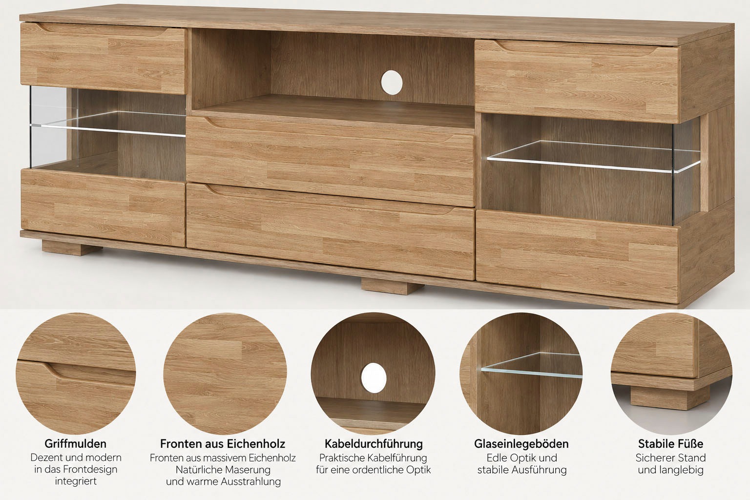 OTTO home Sideboard »VETRO Teilmassiv, Fronten Massivholz, Wohnzimmer, Stauraum,Griffmulde« B/T/H:180/40/63cm, 2Schubladen, 4 geschlossene & 2 offene Fächer