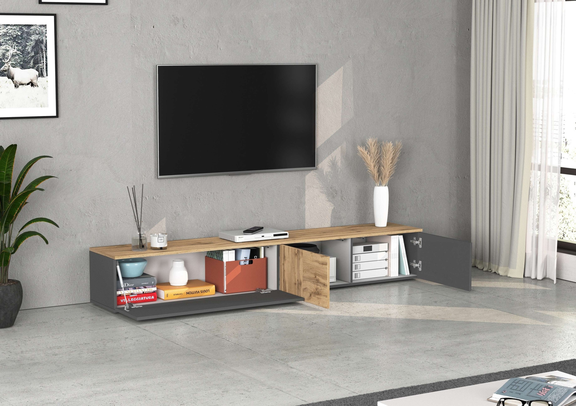 OTTO home Lowboard »ISEO, TV-Kommode,TV-Möbel,TV-Bank, 3 Fächer, Breite 210 cm« 1 Stk. tlg. stehend/hängend, 1 Klappe, 2 Türen, 3 Fächer, Breite 210 cm