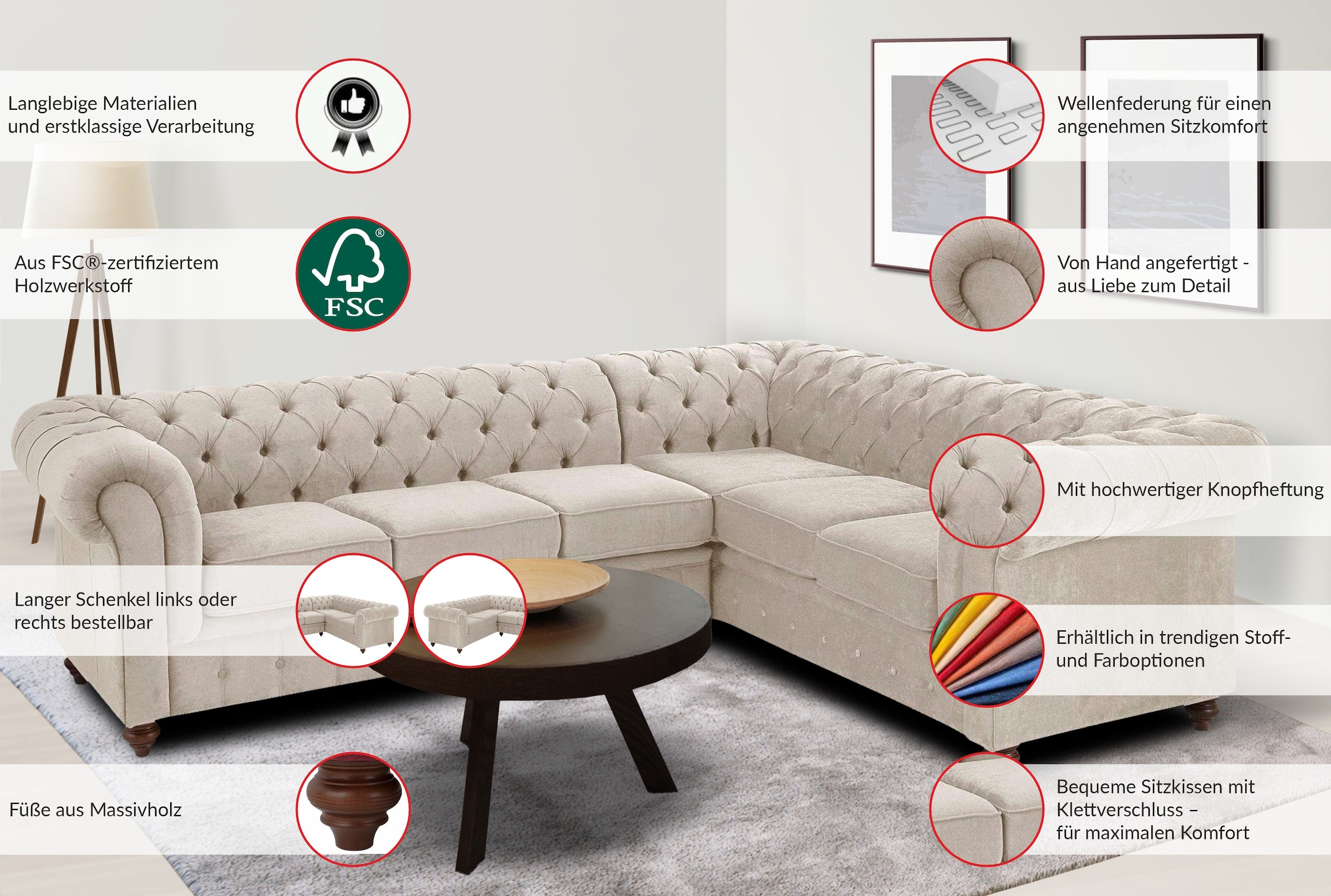 Home affaire Chesterfield-Sofa »Chesterfield Ecksofa, auch in Leder L-Form« hochwertige Knopfheftung , langer Schenkel links oder rechts wählbar
