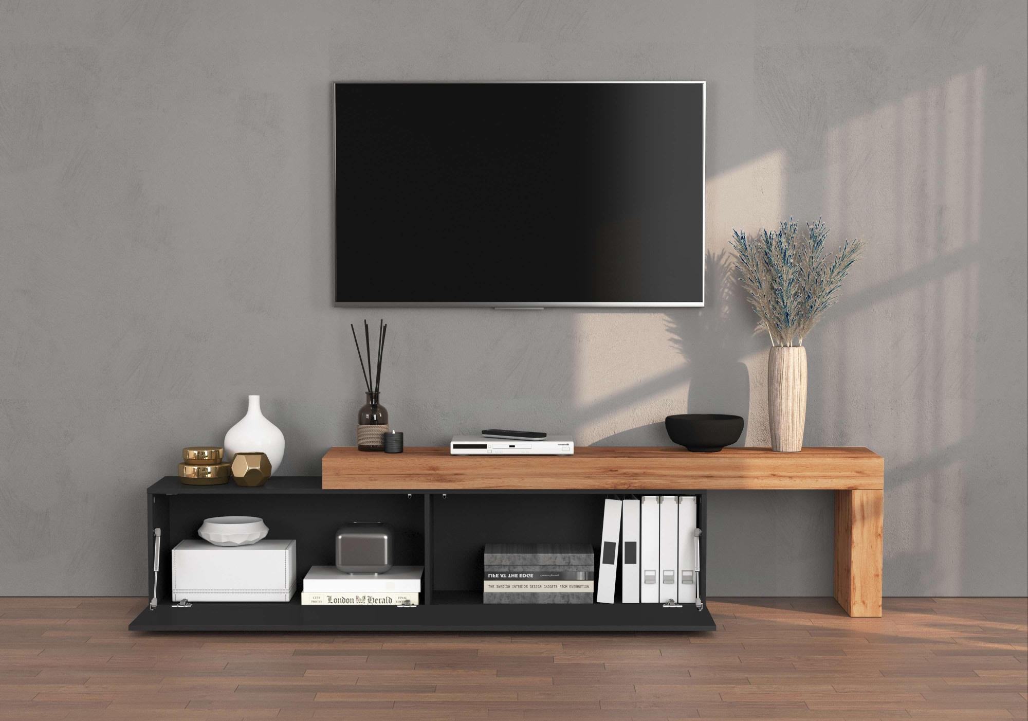 INOSIGN Lowboard »Chronos TV-Board, TV-Schrank«, (1 St., Breite verstellbar von 190 bis 350 cm), Breite 270 cm TV-Board,Lowboard,1 Klappe und ein L-Förmiger Aufsatz