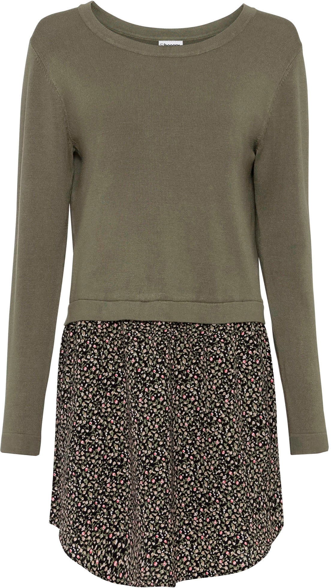 bonprix Strickpullover »Feinstrickpullover mit Rockansatz« mit Materialmix, runder Halsausschnitt, mehrfarbige Optik