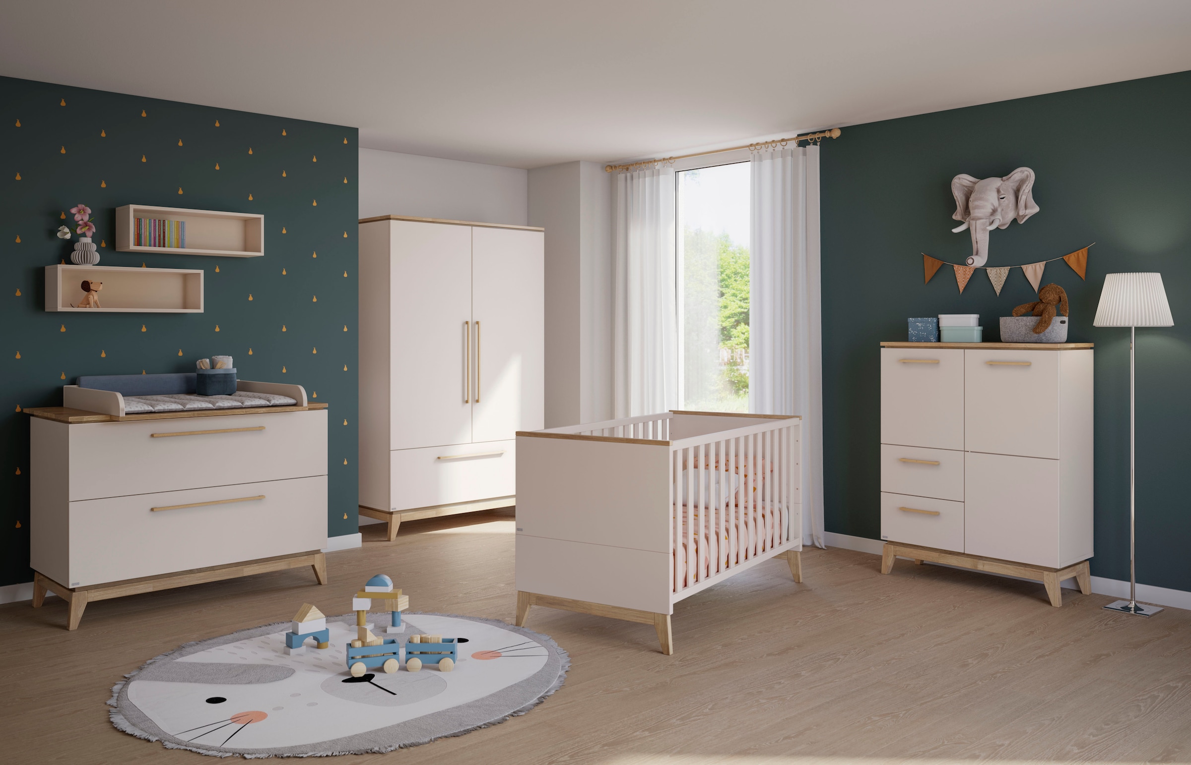PAIDI Highboard »STIENE in Beige oder Grau, 2 Schubladen und 2 Türen mit Soft-Close« B/H/T ca. 95/123/40cm,  stabiles Regal mit Massivholz, Standregal, geprüfte Qualität