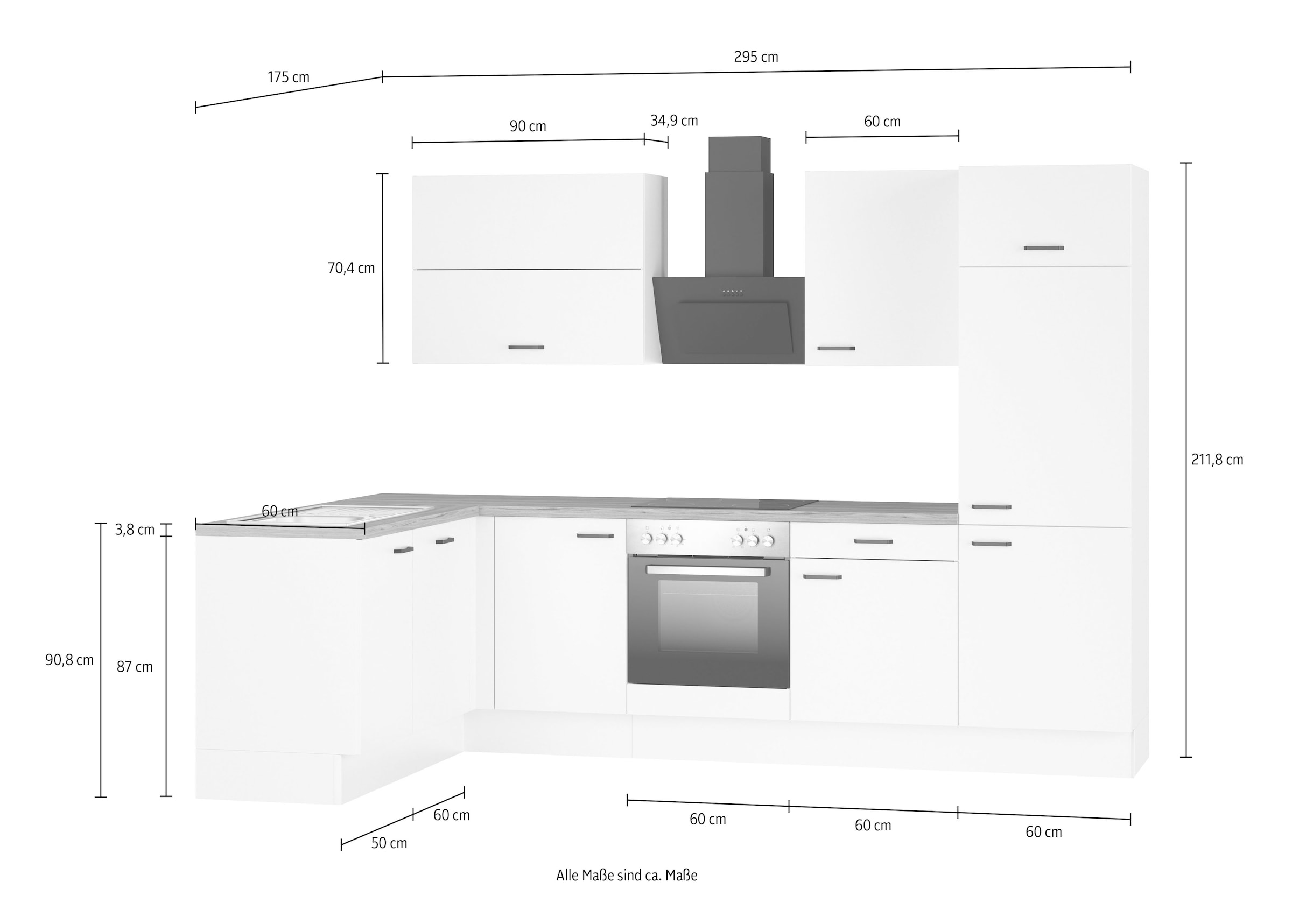 KOCHSTATION Winkelküche »KS-Paula, Stellmaße rechts B/T 295/175 cm, links B/T 175/295 cm« Wahlweise Spüle rechts oder links, mit und ohne E-Geräte