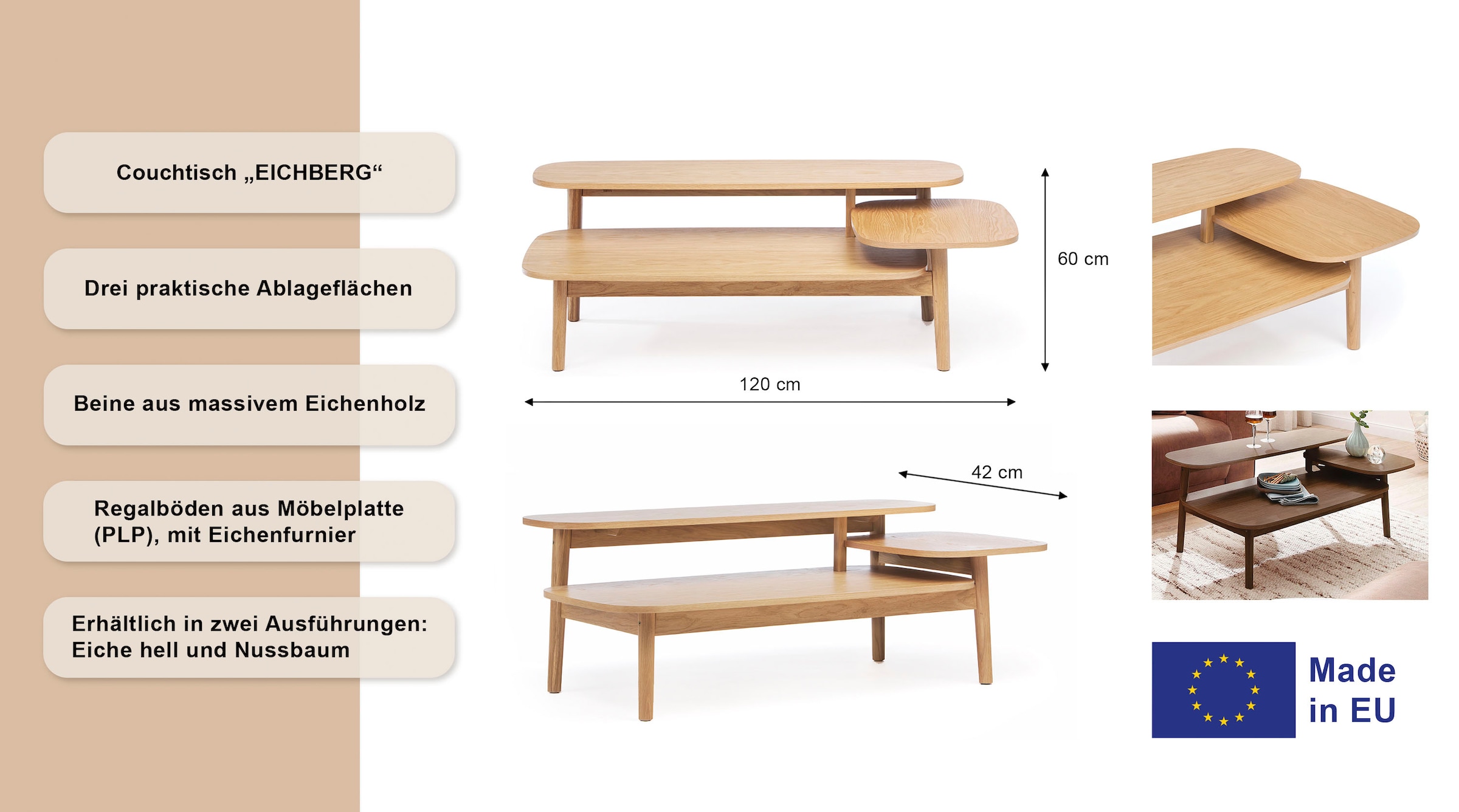 Woodman Couchtisch »Eichberg, Kafeetisch, Sofatisch, Wohnzimmertisch« mit 3 verschiedenen Ebenen, Breite 120 cm, FSC®-zertifiziert
