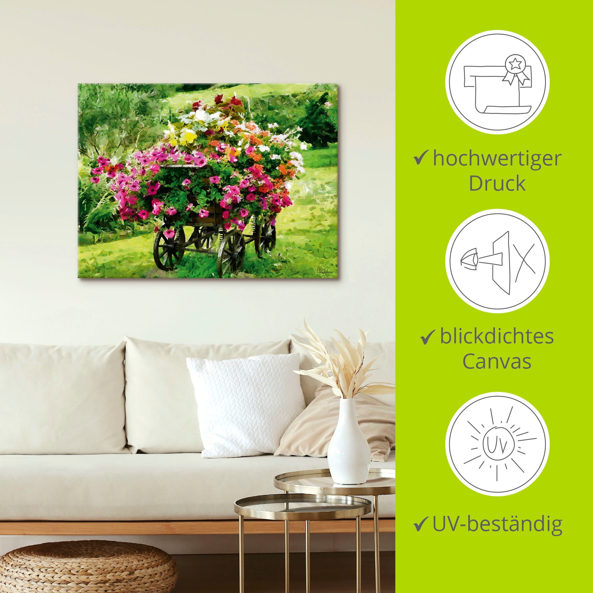 Artland Wandbild »Kutsche mit Blumen«, Blumenbilder, (1 St.), als Alubild, Outdoorbild, Leinwandbild, Poster in verschied. Größen