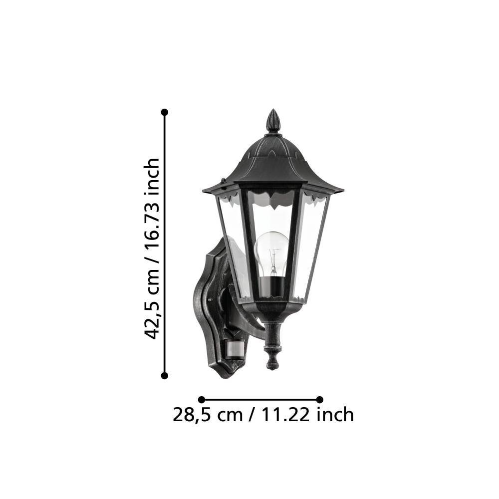 EGLO Außen-Wandleuchte »NAVEDO Wandlampe, Außenbeleuchtung, schwarz, silber-patina, klassisch« E27 1 Stk. Eckmontage möglich, Erfassungswinkel 110° / 7m, IP44, 42,5x28,5x20cm