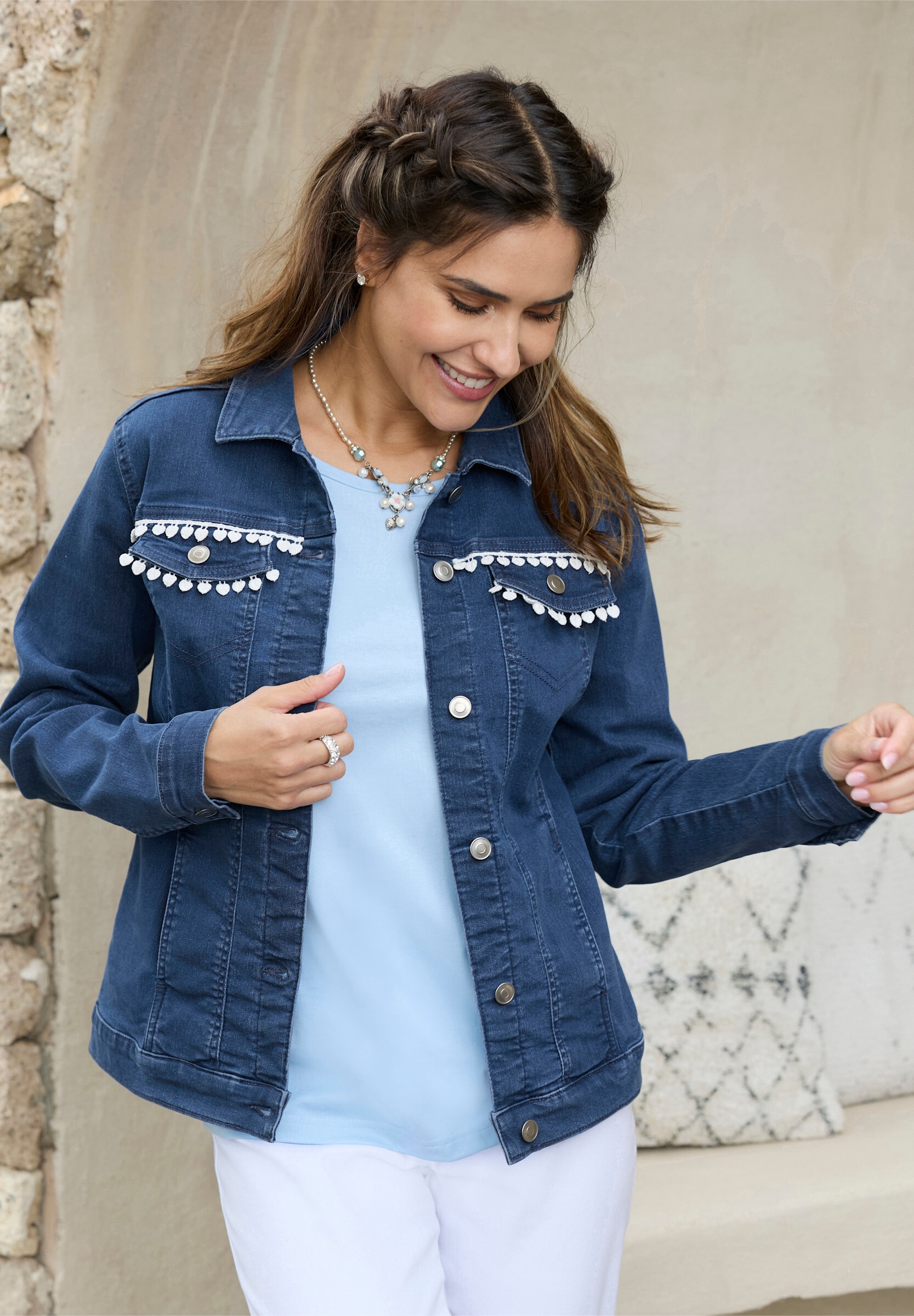 Sieh an! Jeansjacke »Jeans-Jacke Jeansjacke mit Spitzenband«