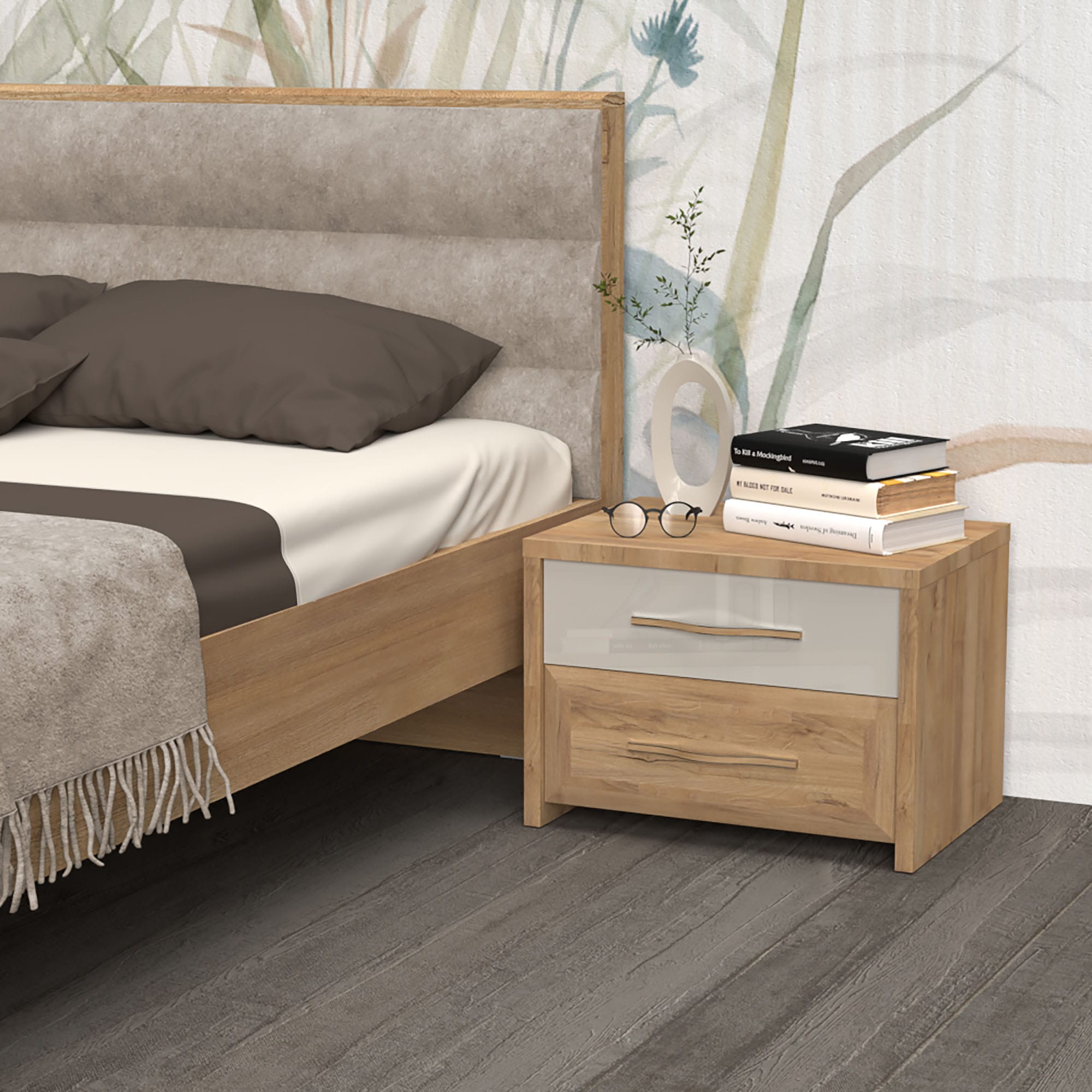Home affaire Nachtkommode »Gala, beige hochglänzend UV lackiert und melaminbeschichtet, kratzfest«, (Soft-Close Funktion, Maße: B/T/H 57/41/41cm), mit 2 Schubladen, klassische Rahmenoptik, FSC-zertifiziert