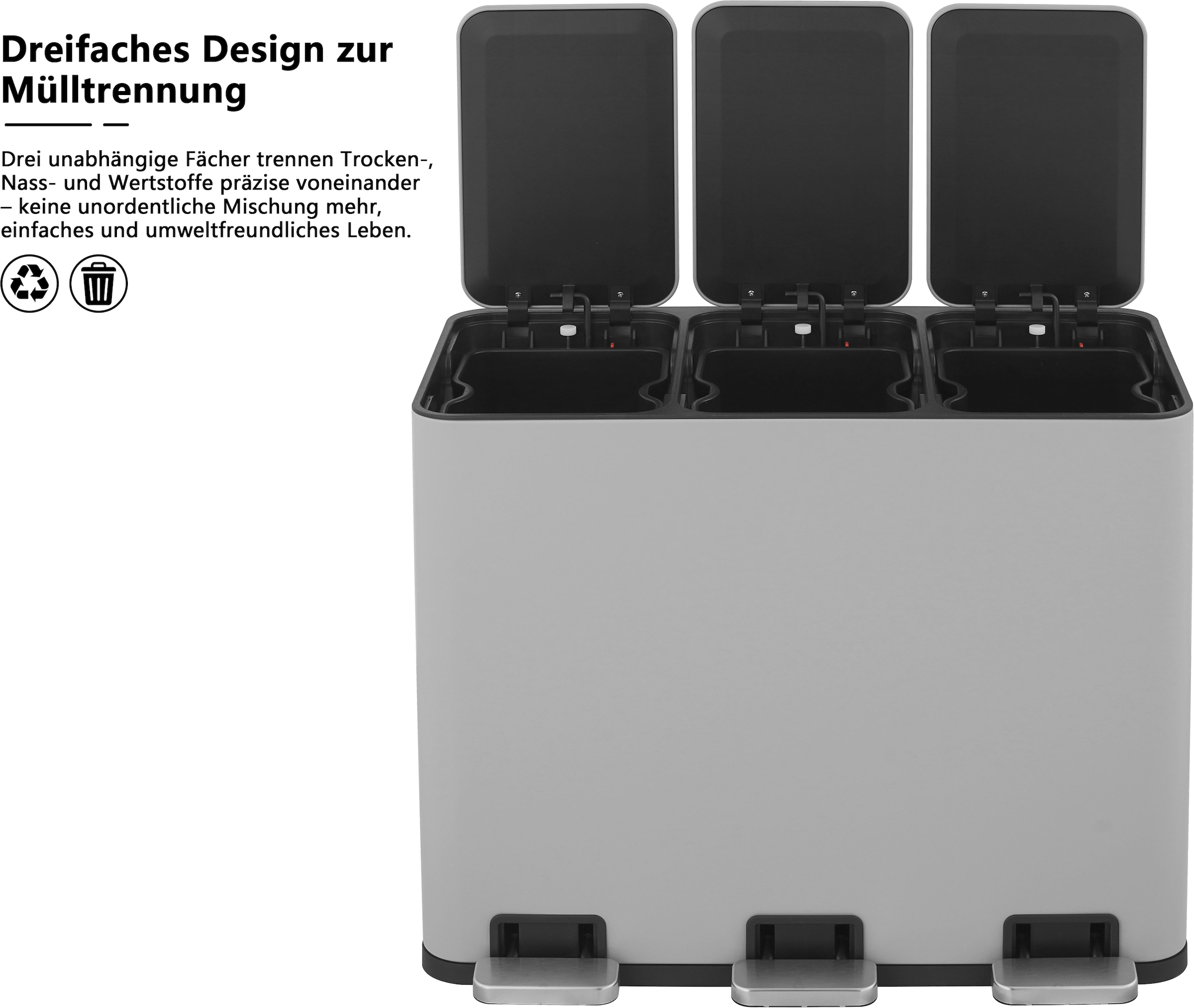 OTTO home Mülleimer »Garrin, mit 3 Fächern, Fassungsvermögen jeweils 15 Liter« 3 Behälter Mülltrennsystem mit 3 separaten Innenbehältern und Fußtrittpedalen