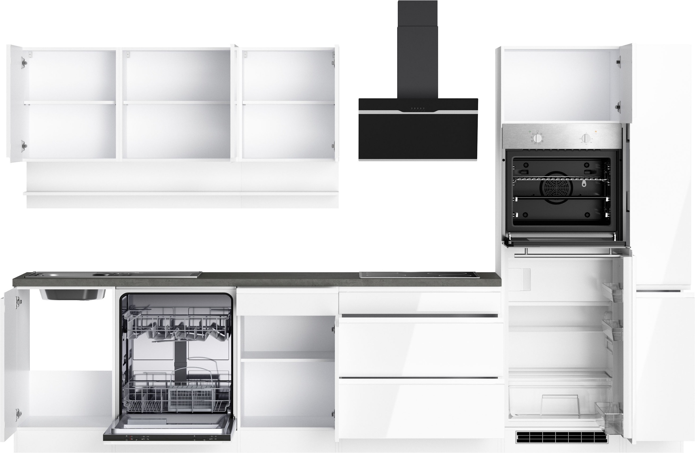 KOCHSTATION Küchenzeile »KS-Virginia,neu in verbesserter Ausführung« Arbeitsplatte 38 mm stark, Stauraum, Softclose,  Breite 330 cm, Soft-Close, ohne E-Geräte