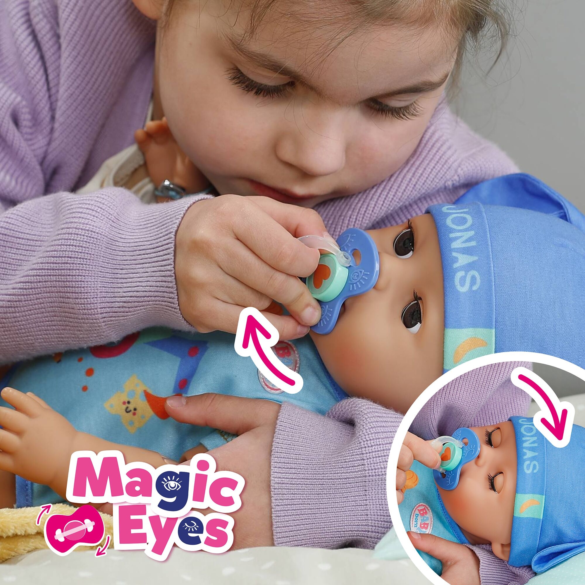 Baby Born Babypuppe »Jonas Click & Play 43cm« mit Click-&-Play: Hält Fläschchen und Löffel selbst - ohne Batterien