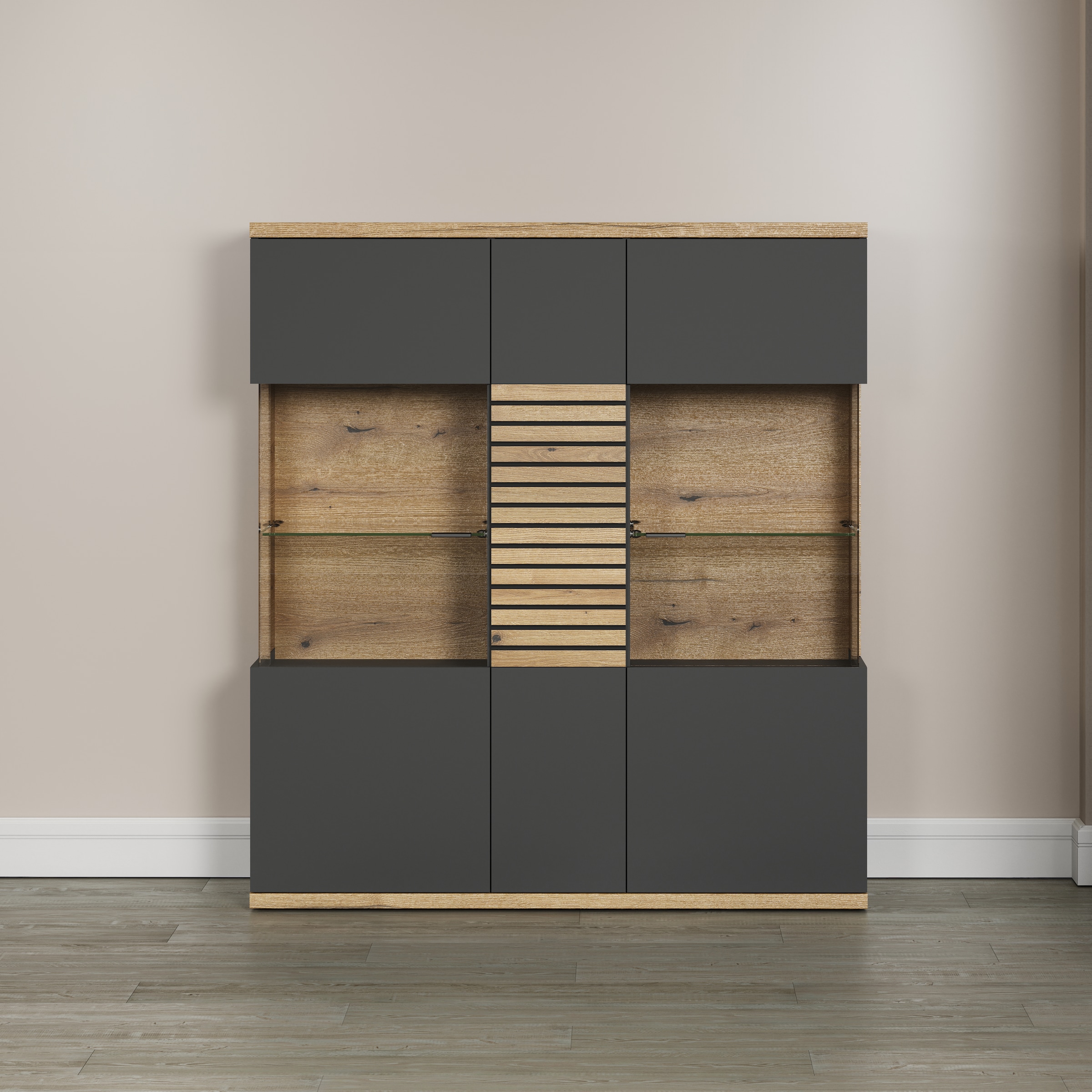 Highboard »Galway«, Breite Wohnzimmervitrine in angesagter Rillenoptik - Soft-Close