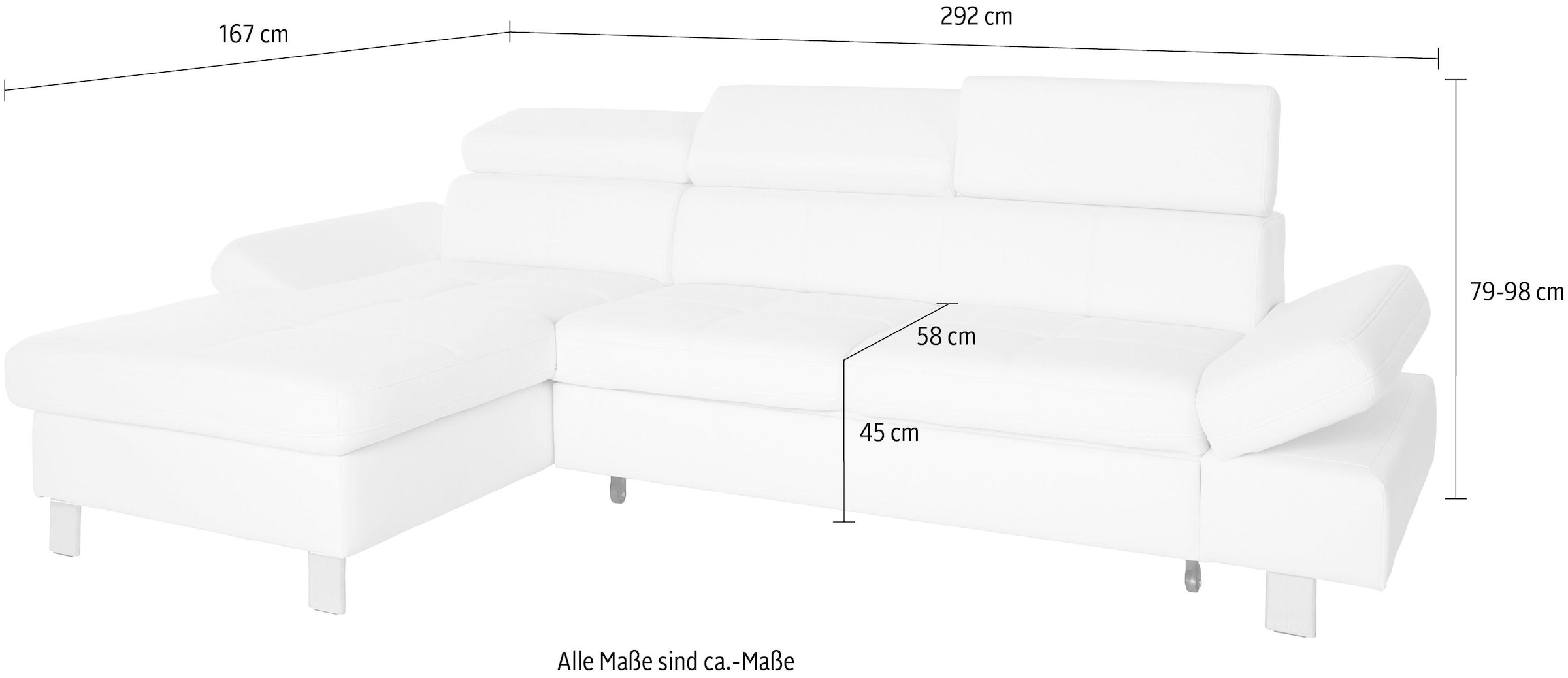 exxpo - sofa fashion Ecksofa »Fiji, hochwertige Detailverarbeitung, Breite 292cm, L-Form« bequem durch Kopf- und Armteilverstellung, wahlweise mit Bettfunktion