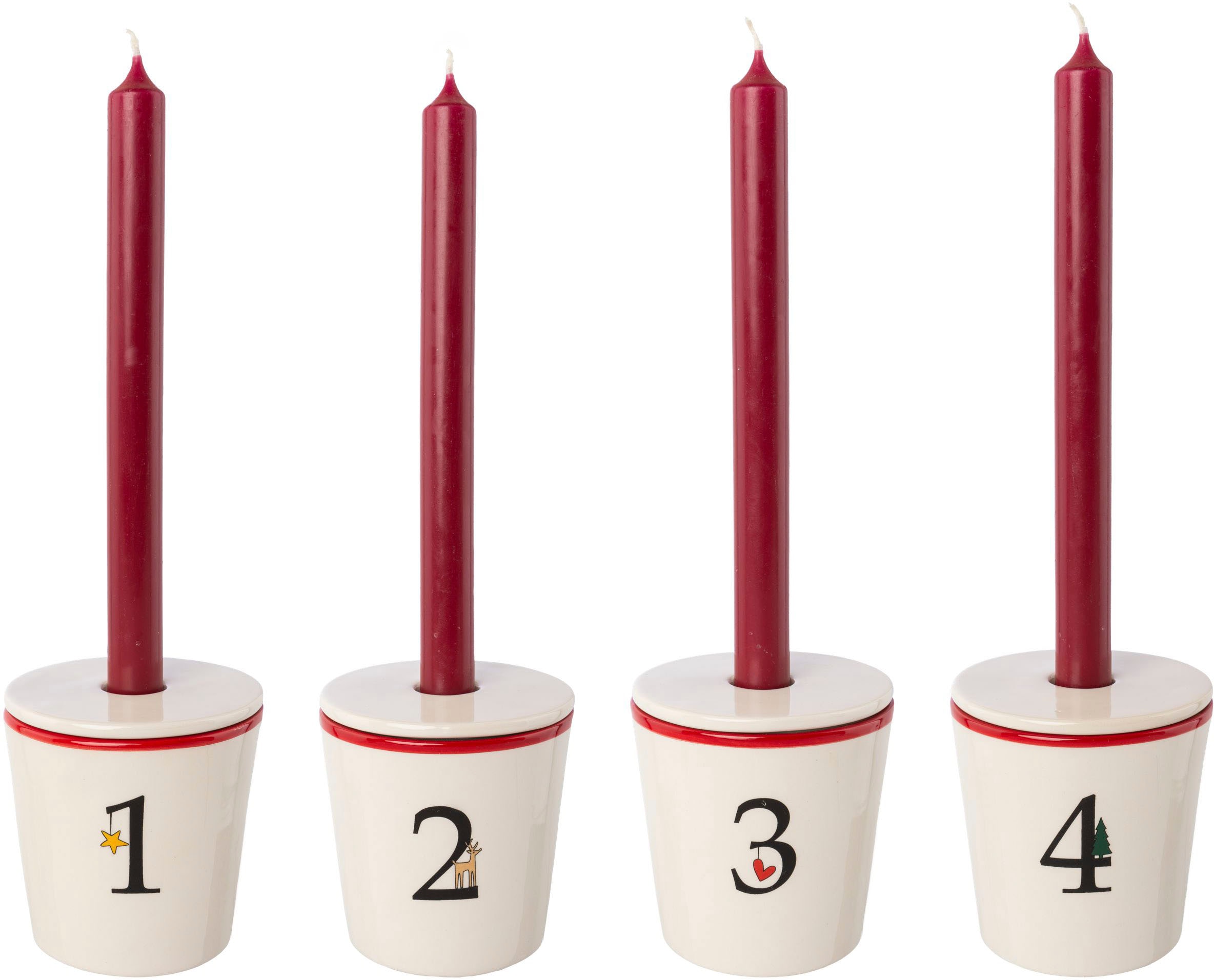 Creativ deco Kerzenhalter »Stabkerzenhalter für die Adventszeit,  Weihnachtsdeko«, (Set, 4 St.), Becher aus Keramik mit Cover 1 bis 4, Höhe ca.  10 cm, Adventsleuchter auf Rechnung kaufen