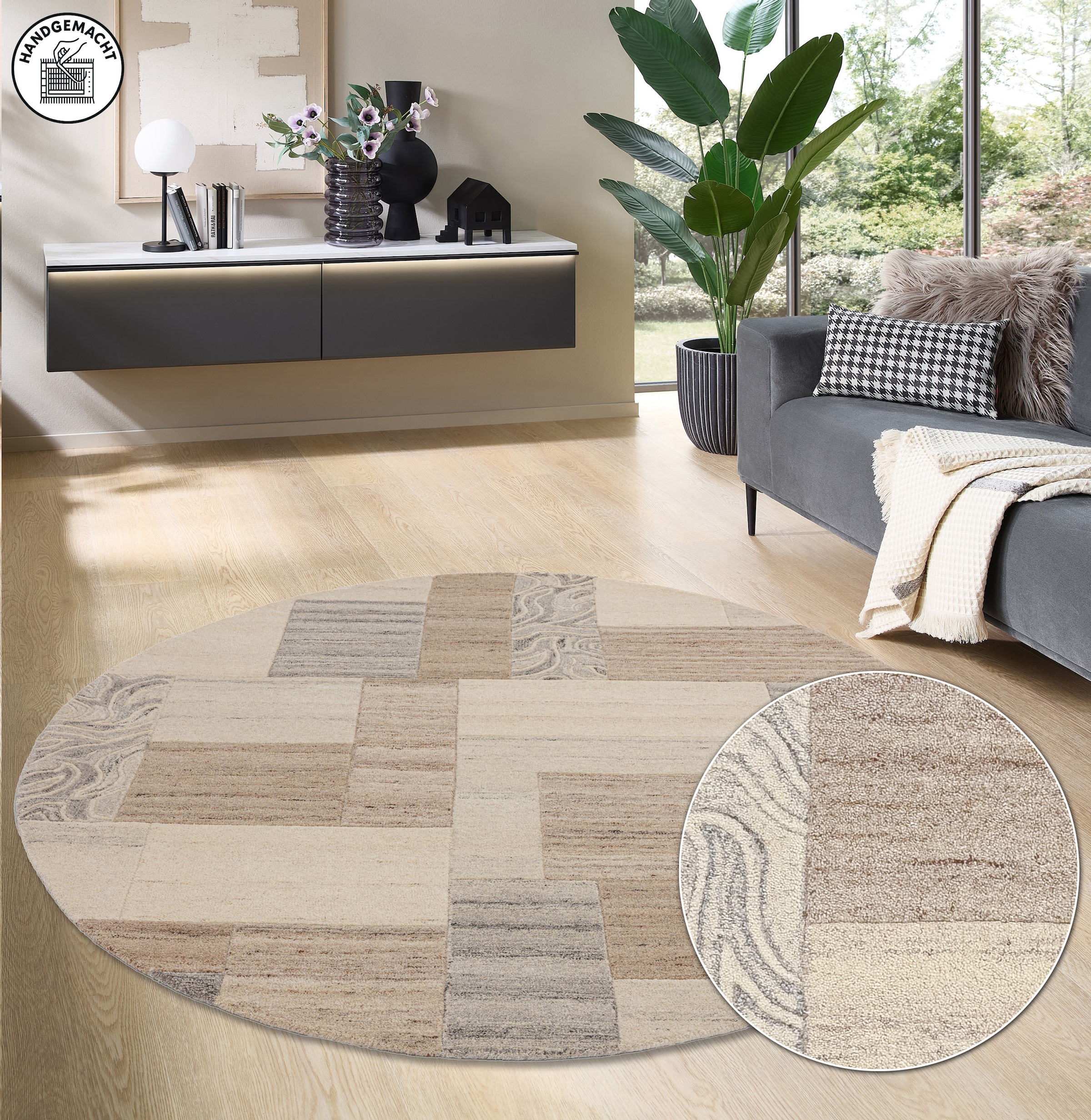 THEKO Wollteppich »Lola,  Wolle, handgearbeitet, Patchwork Design« rund 12 mm Höhe handgetuftet, Wohnzimmer, Schlafzimmer, Esszimmer