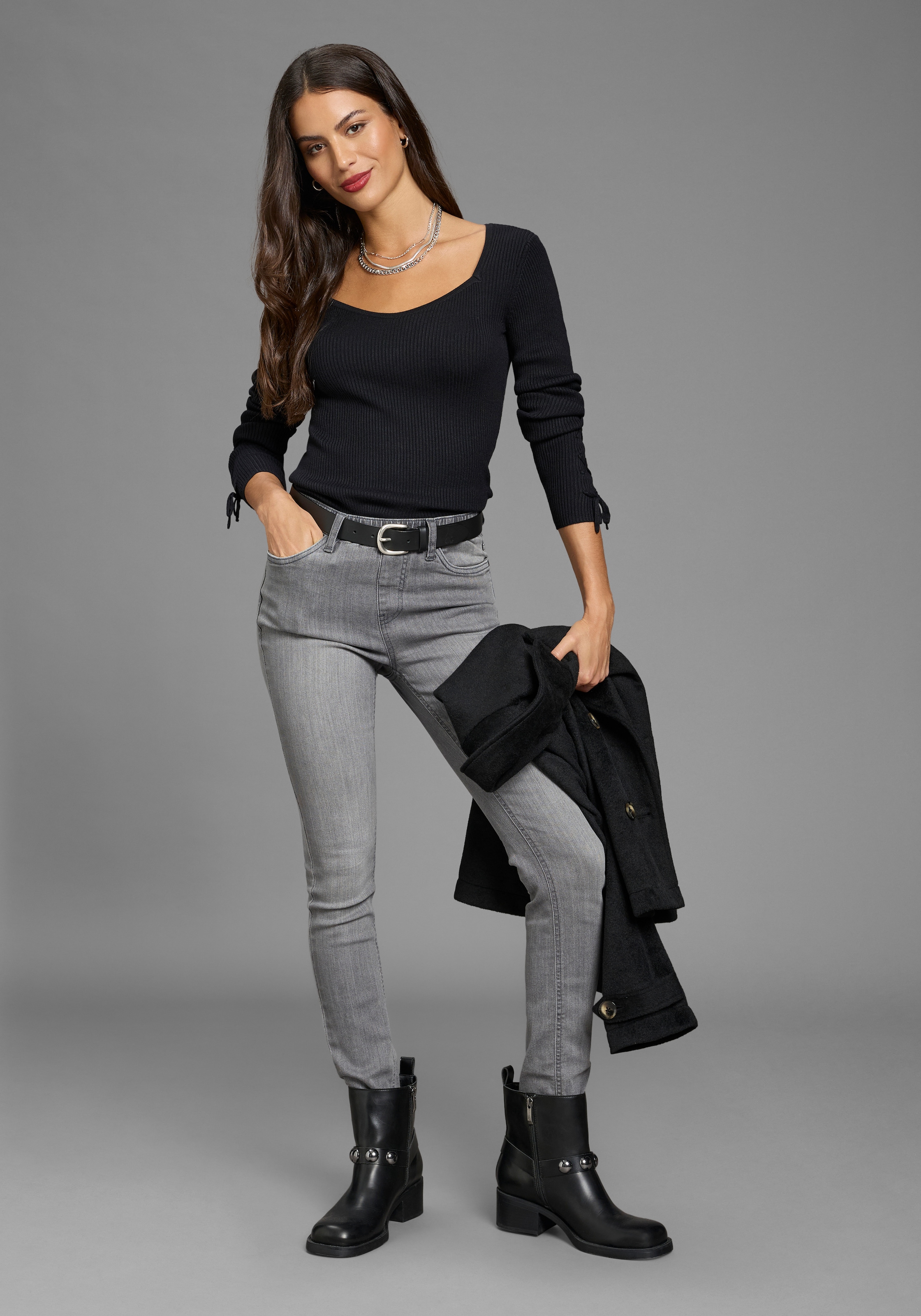 Melrose Strickpullover feminine Passform aus Rippe mit Schnürung