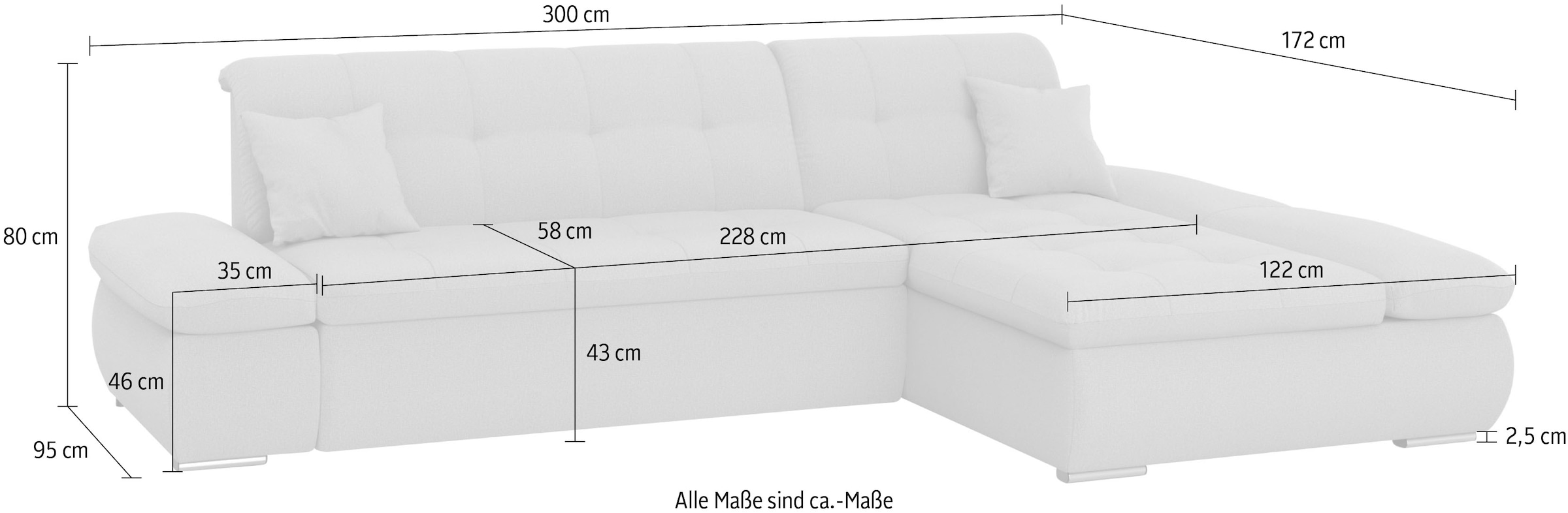 DOMO collection Ecksofa »Moric, L-Form, XXL-Sofa - Breite 300cm«, wahlweise mit Bettfunktion und Armteilverstellung, grau-eisblau